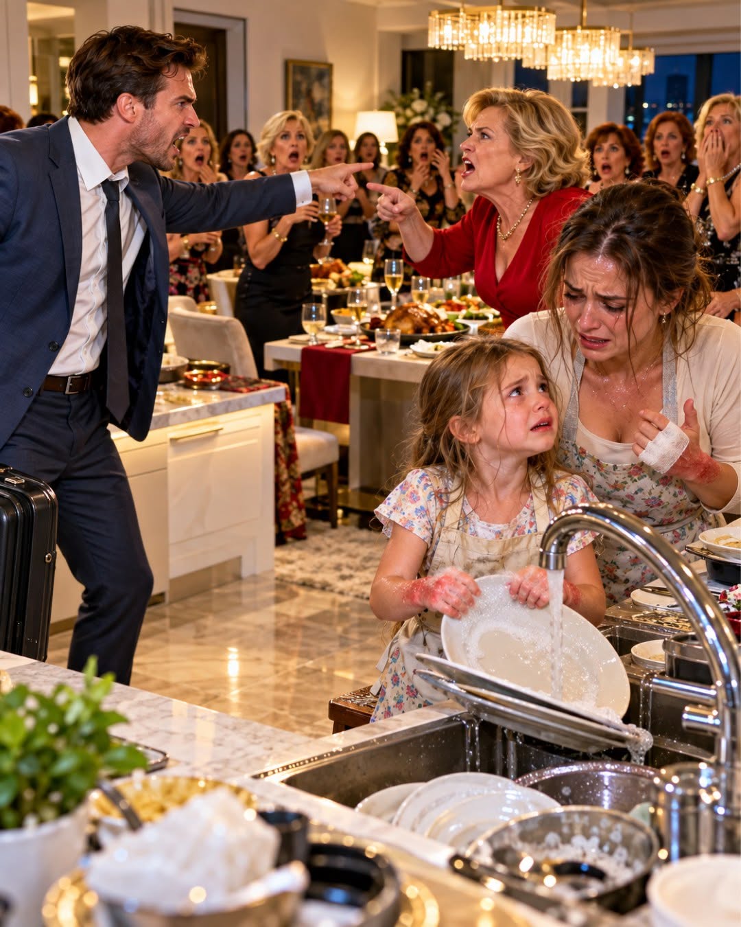 I returned home two days early and found 20 of my mother’s guests eating in my house while my wife and my 5-year-old daughter washed dishes with b:urned hands. ‘If you don’t finish, you don’t eat,’ I heard. I didn’t yell. I took out my phone, called 911… and then my daughter mentioned a locked drawer.”