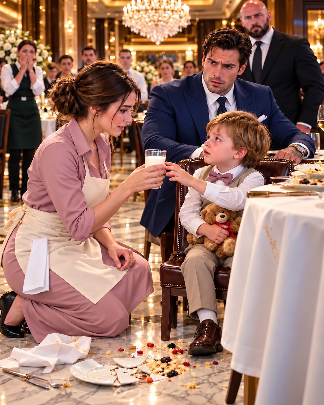 "The entire restaurant froze when the mafia boss’s three-year-old son began screaming, throwing food, and fighting anyone who tried to touch him. his widowed father commanded bodyguards and employees to make him stop, but nothing worked — then a young waitress risked her job by walking directly toward the most feared table in brooklyn. she knelt beside leo, whispered a few gentle words, and offered him warm milk. the boy instantly stopped crying—but what shocked his father most was what leo did with his hand next.