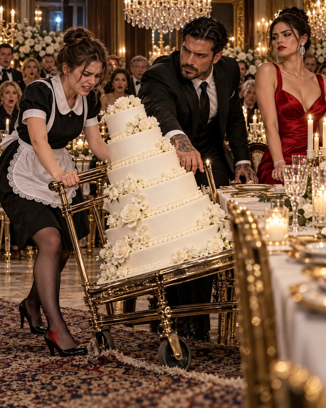 "THE MAFIA BOSS WATCHED ME PUSH HIS ENGAGEMENT CAKE ACROSS THE DINING ROOM WITHOUT PUTTING MY LEFT HEEL DOWN—THEN HIS FIANCÉE SAID, “SHE FELL IN THE GIFT ROOM,” BEFORE HE HAD ASKED WHY I WAS LIMPING.