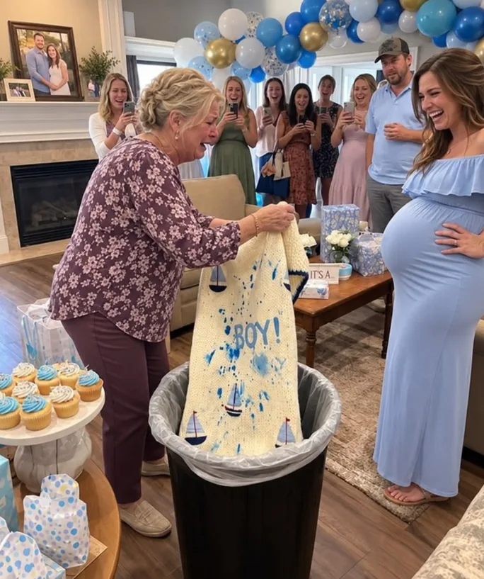 At my grandson’s baby shower, my daughter-in-law tossed my hand-knitted blanket in the bin: “We only use designer things here.” — I fished it out and brought it home without arguing. That night my son called, voice breaking: “Mom... What was folded inside that blanket?”