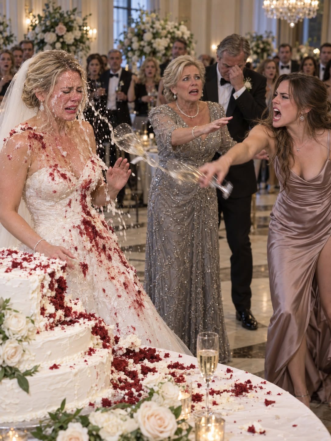 On my wedding day, my younger sister threw champagne in my face, smashed red velvet cake into my white dress, and screamed that I didn’t “get to win this time.” Then my mother rushed past me to comfort her while my father looked away. Two hundred guests watched me stand there alone, covered in red frosting—but what my family didn’t know was that two weeks earlier, I had discovered something that changed exactly what I planned to do next...