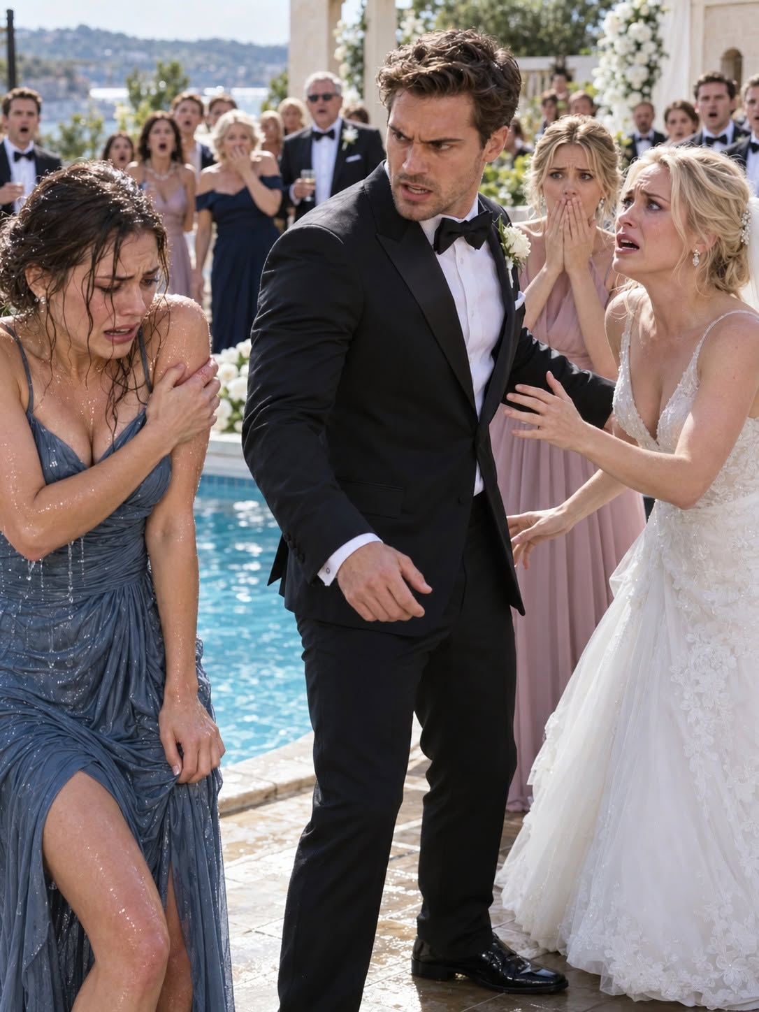 At my sister Lena’s wedding, she pushed me into the pool “as a joke” even though she knew my injured shoulder could barely move. I came up unable to lift my arm while she laughed and told everyone I was being dramatic. Then her fiancé, Caleb, overheard something she whispered to her maid of honor—and suddenly the wedding wasn’t delayed because I was hurt. It was delayed because he wanted the truth...