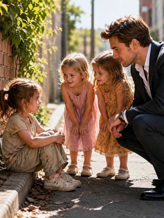 “Is She Our Sister?” The Millionaire’s Twin Daughters Ask — He Freezes When He Sees The Girl
