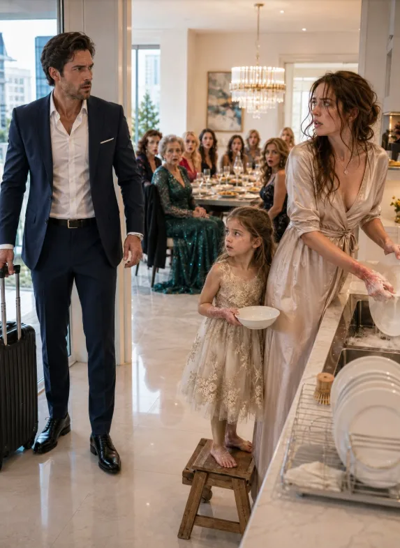 I CAME HOME TWO DAYS EARLY AND FOUND TWENTY OF MY MOTHER’S GUESTS FEASTING IN MY APARTMENT WHILE MY WIFE AND FIVE-YEAR-OLD DAUGHTER WASHED DISHES WITH BURNED HANDS—THEN MY DAUGHTER WHISPERED, “GRANDMA KEEPS YOUR MONEY IN A LOCKED DRAWER… AND PICTURES OF MOMMY WITH A MAN.”