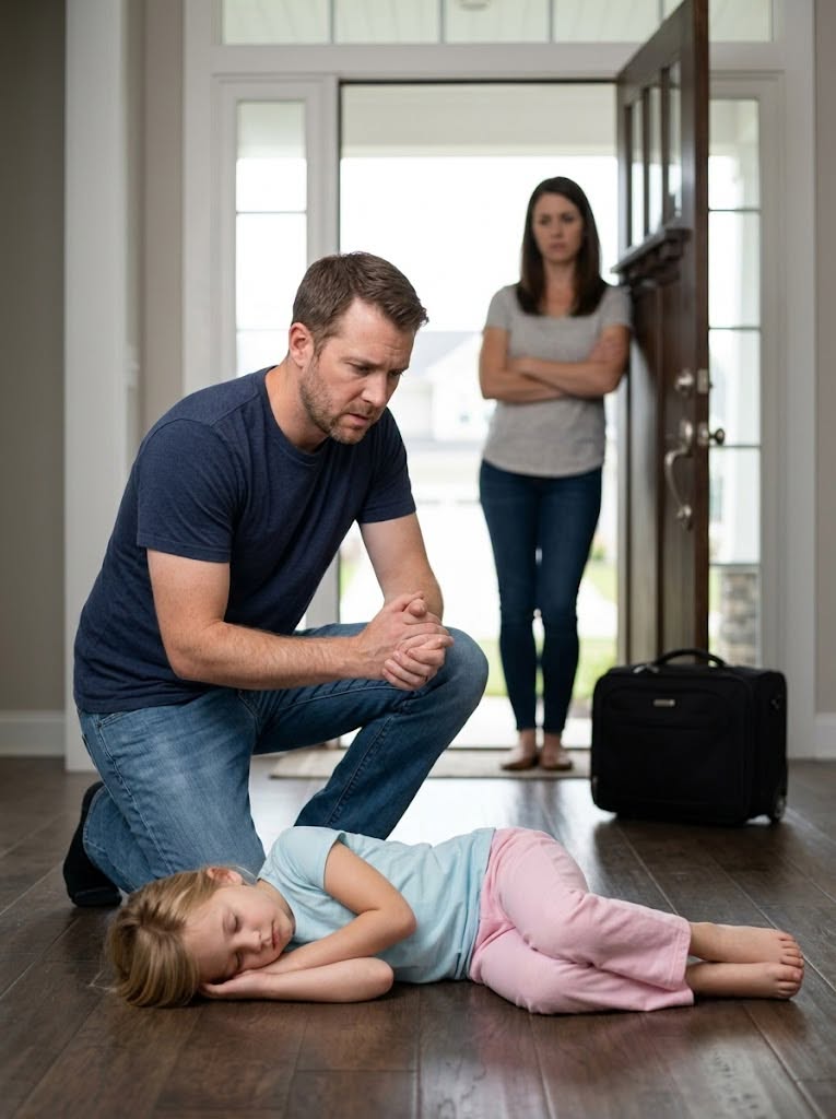 When I returned from a business trip, I found my daughter unconscious beside the front door. My wife merely shrugged and said she had disciplined her