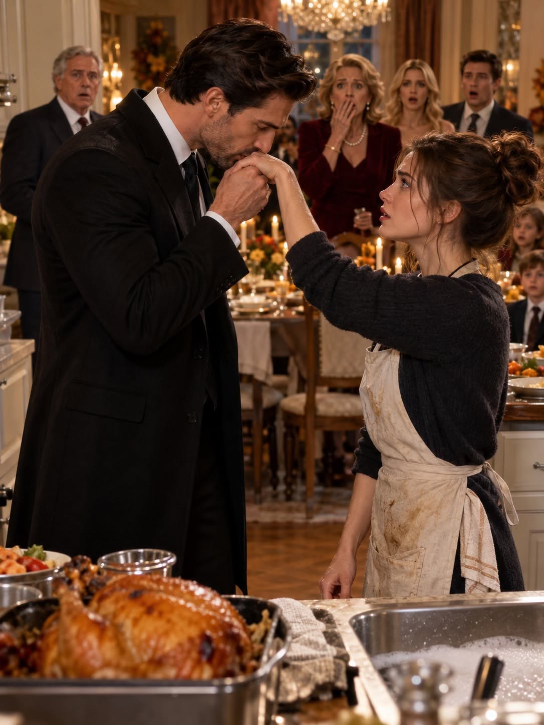 My family made me serve Thanksgiving dinner like a servant, but when my billionaire fiancé walked through the kitchen door and called me “darling,” their entire world changed.