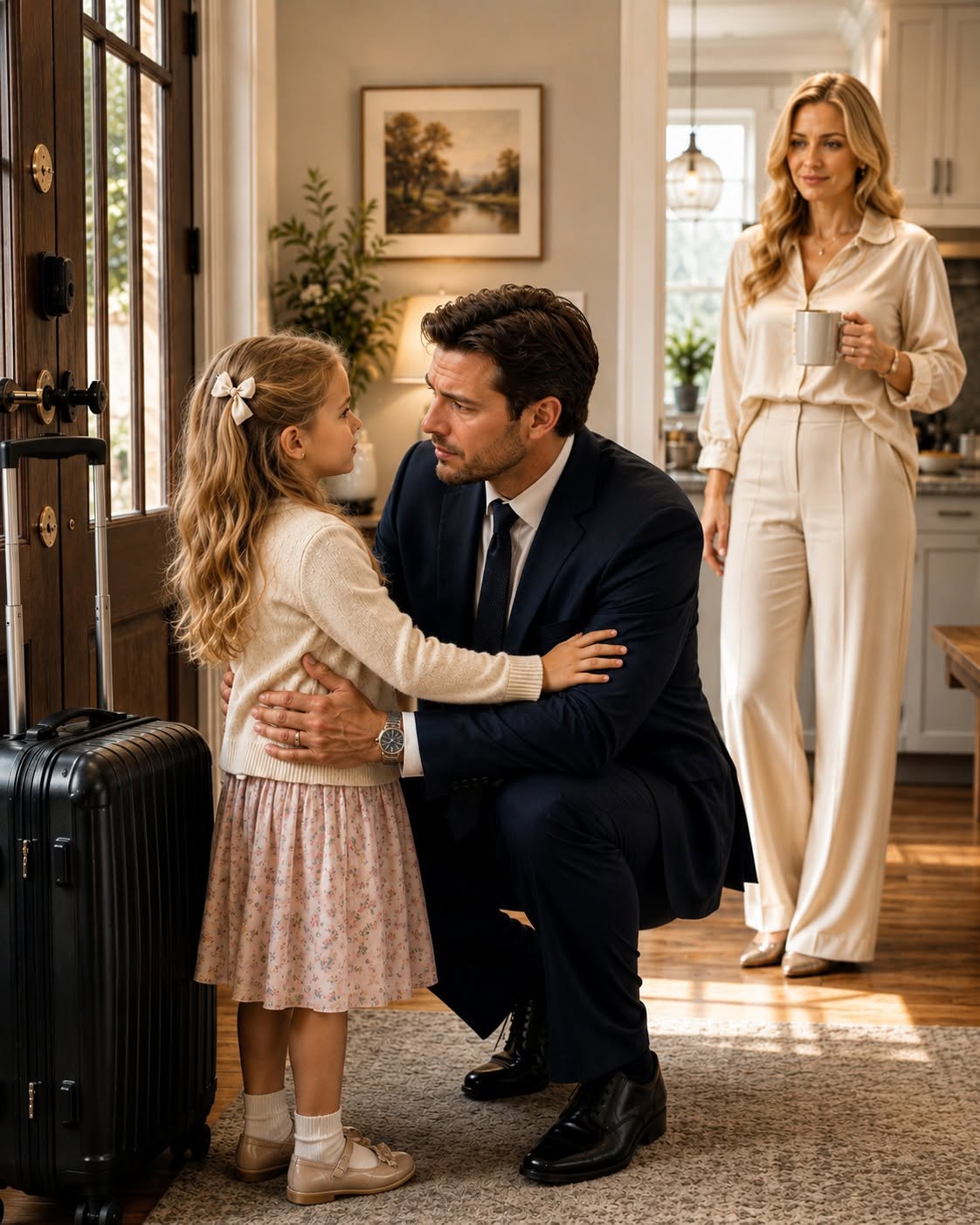 Fifteen minutes before my flight, my six-year-old daughter begged me not to leave—and what she whispered about my wife made me cancel everything.