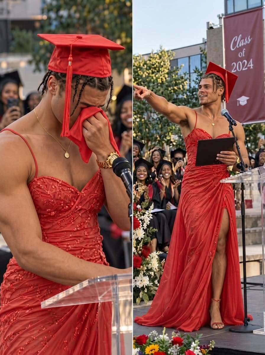 Hundreds of people laughed when Ethan walked across the graduation stage in a bright red dress—but they had no idea what he was carrying for his mother.