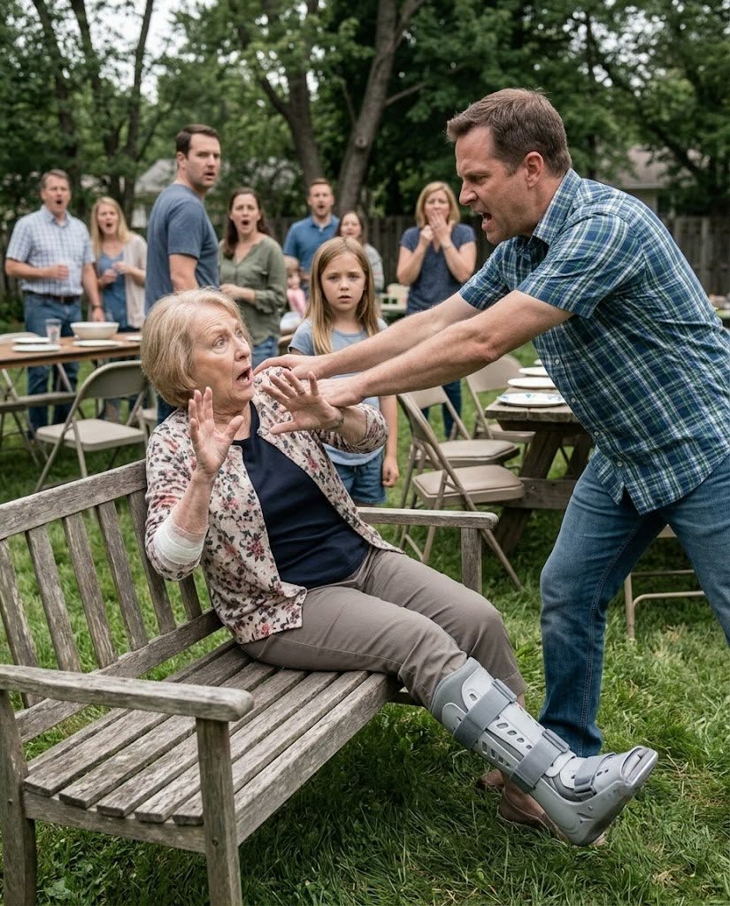 My son pushed me from the family bench because my braced leg took up two seats. I landed on my injured side, reopening the gauze on my elbow.