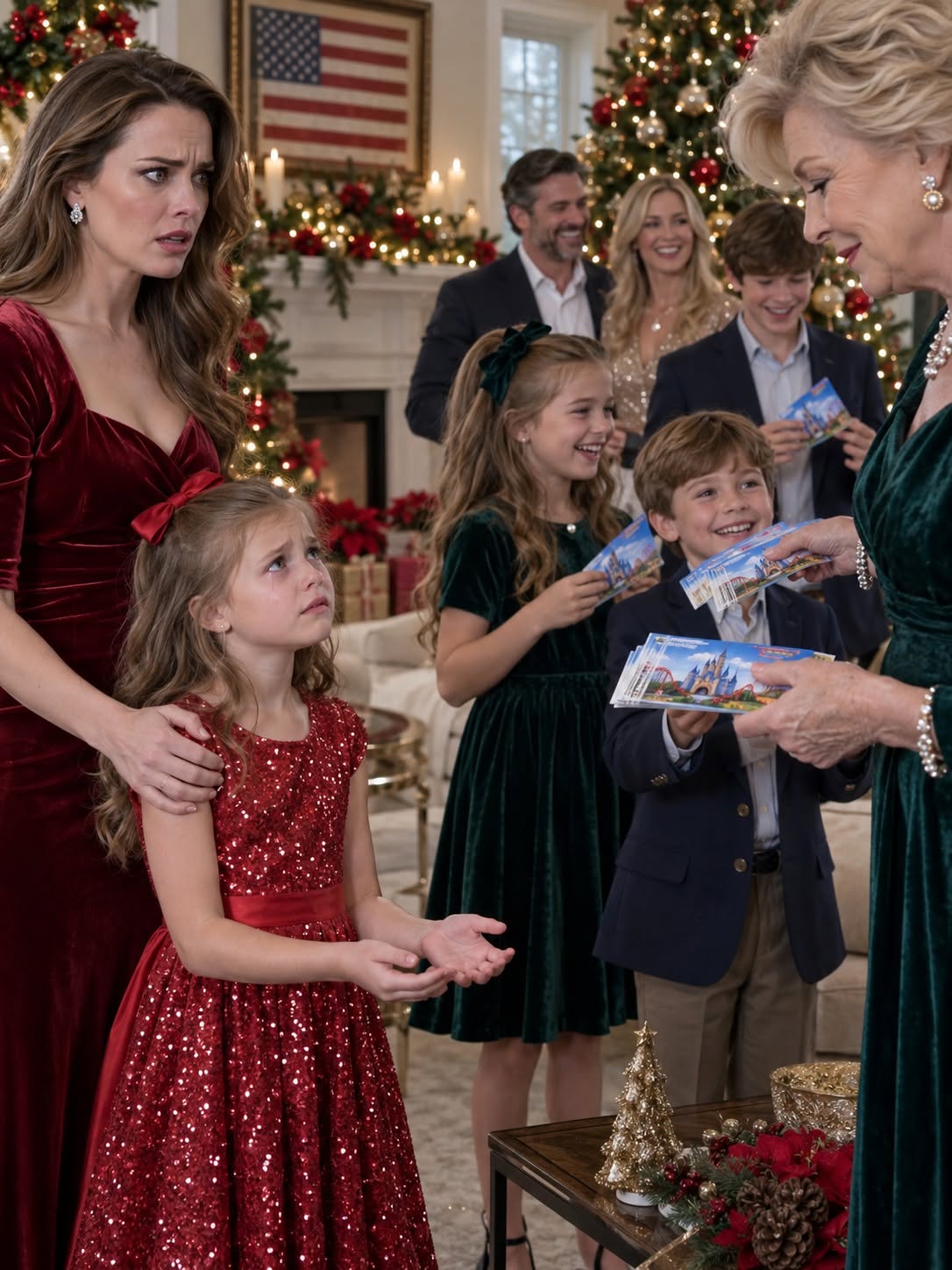 “Am I going too?” my seven-year-old daughter whispered as my mother handed Disney World tickets to every child in the room—except her. Emma’s sparkly Christmas dress, hopeful smile, and tiny hands holding nothing broke my heart while my family celebrated around her. They thought they had embarrassed us, but they had just revealed the truth I needed....