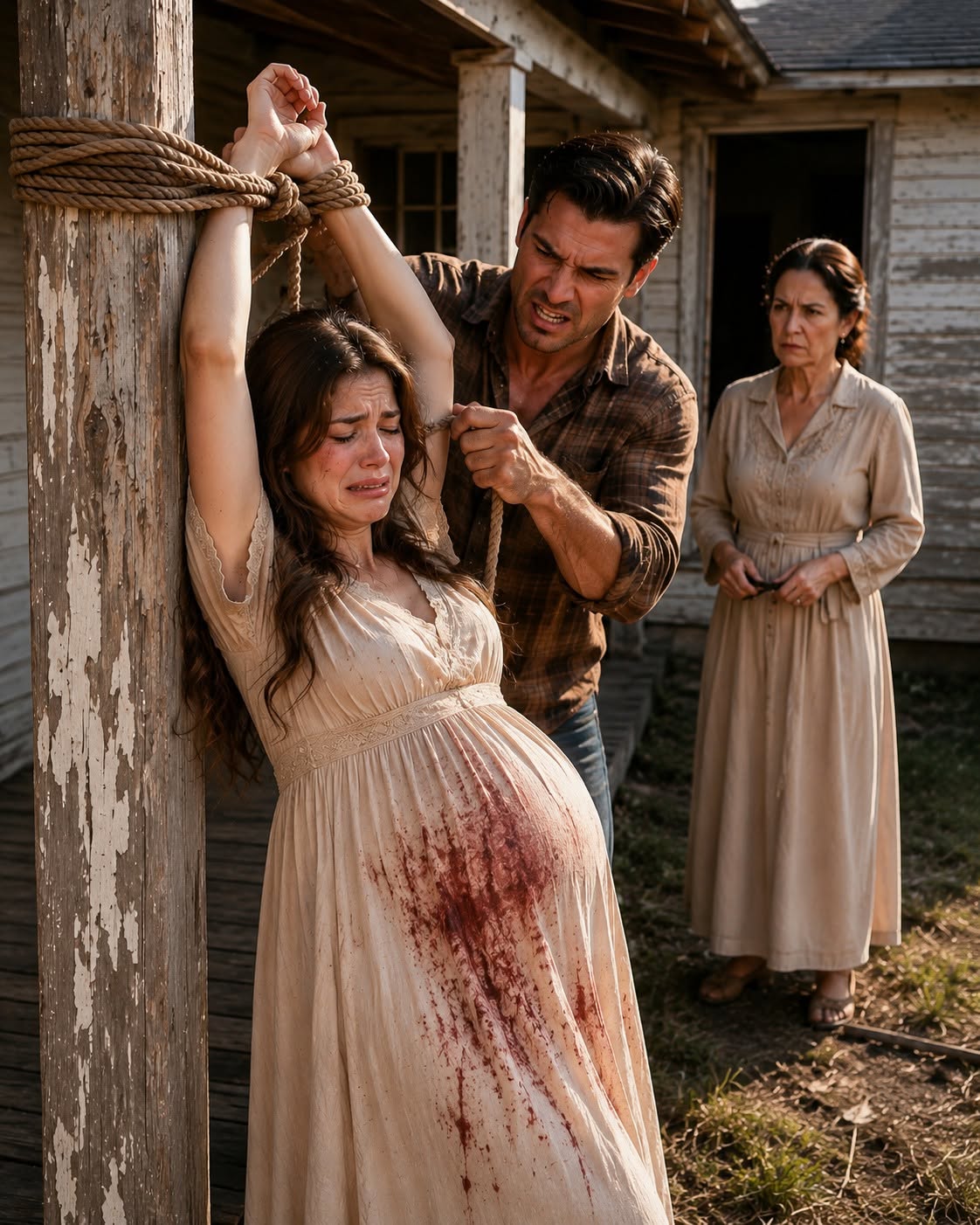 Every morning in our rundown Texas rental, my husband dragged me to the backyard, tied my hands to the porch pillar, and lashed my pregnant belly while yelling, “All you make is worthless daughters—you’re a broken wife!”