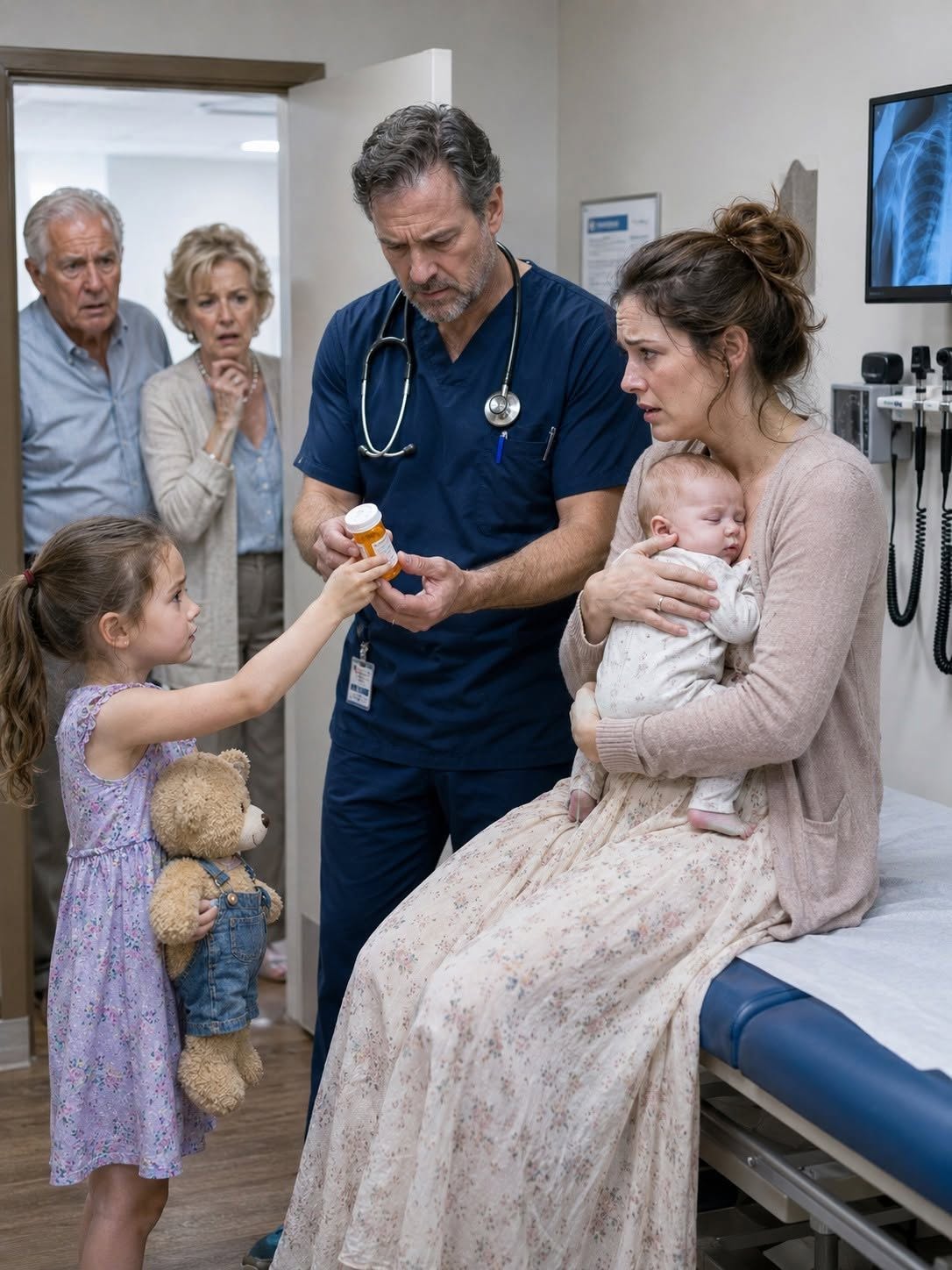 At 104 degrees, my baby was burning with fever, but the doctor looked at me and said, “New mothers panic over nothing all the time.” My mother-in-law gave a pleased little smirk, while my husband added, “She’s always been overly anxious.” I said nothing and kept gently rocking my son. Then my seven-year-old daughter lifted her teddy bear and asked, “Dr. Hensley, should I tell you what Grandma gave the baby instead of his real medicine?”
