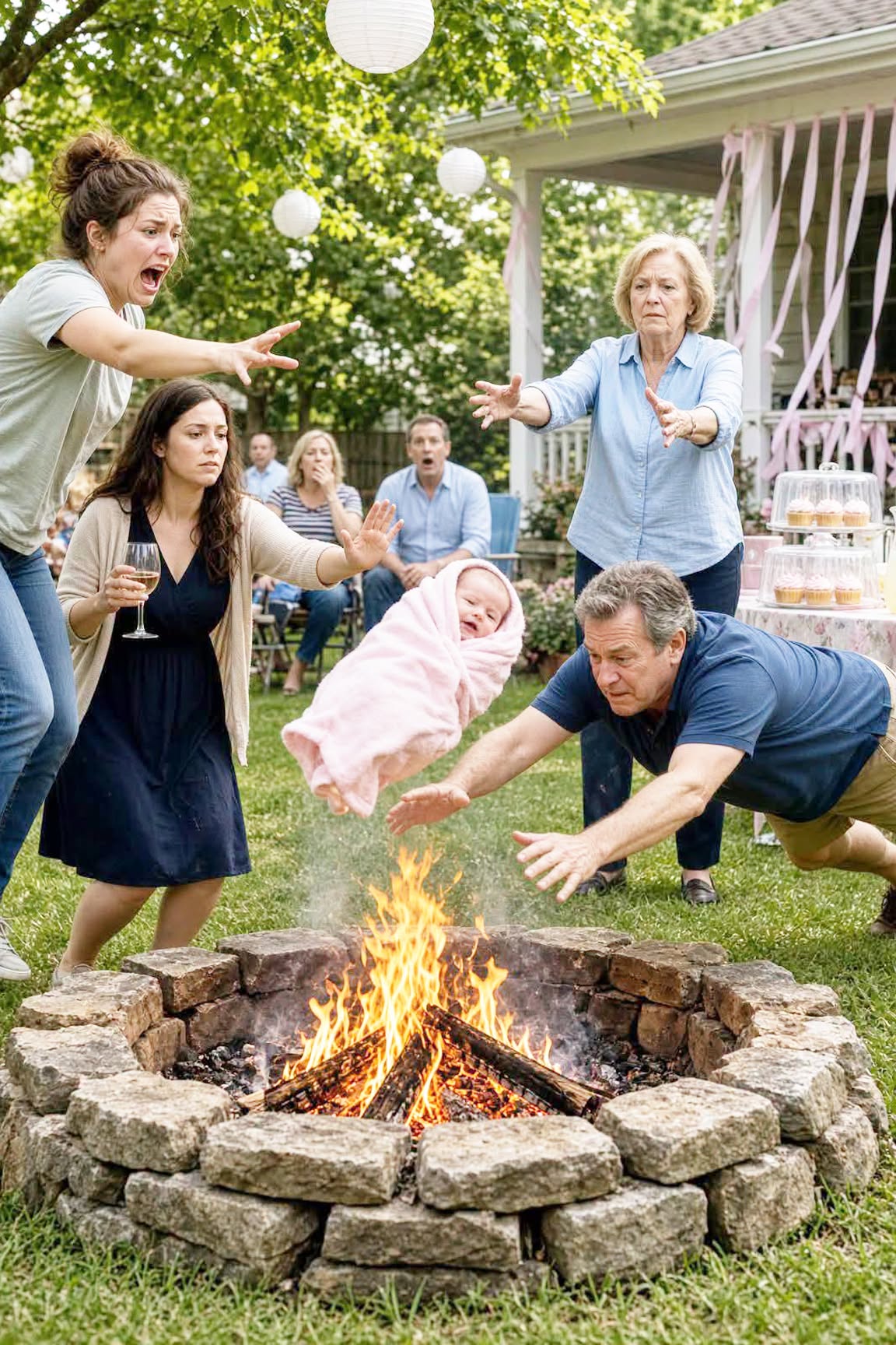 At my backyard baby shower, my mother lifted my six-week-old daughter and said, "You gave birth before your sister... you betrayed the order of our family." Then she threw Lily toward the fire. I didn't faint; I ran — and my quiet father dove through the flames before I could reach her.
