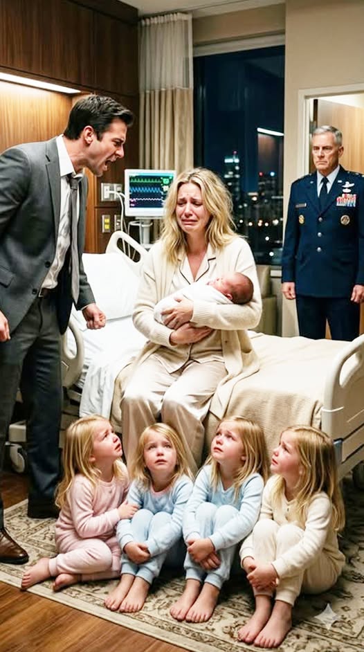 After four daughters, my husband finally got the son he begged for—only to slap me the moment he saw the baby’s blue eyes. “He’s not mine! You cheated!” he screamed. I covered my newborn and looked toward the door, where my three-star general father stood in complete silence. My husband sneered, “And who are you supposed to be?” Dad calmly reached for an encrypted phone, and my husband had absolutely no idea what that call was about to unleash...