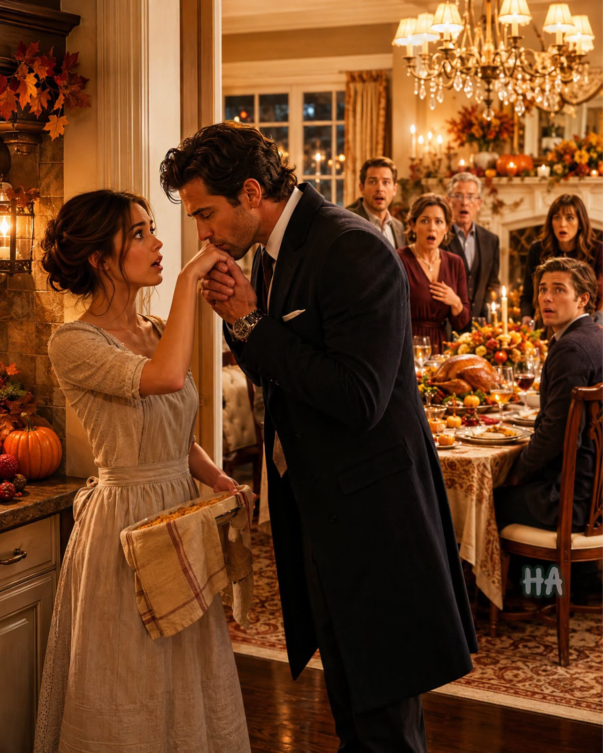 My Family Made Me Serve Thanksgiving Dinner in the Kitchen… Until a Millionaire Walked In, Kissed My Hand, and Said, “Sorry, My Love, I’m Late”