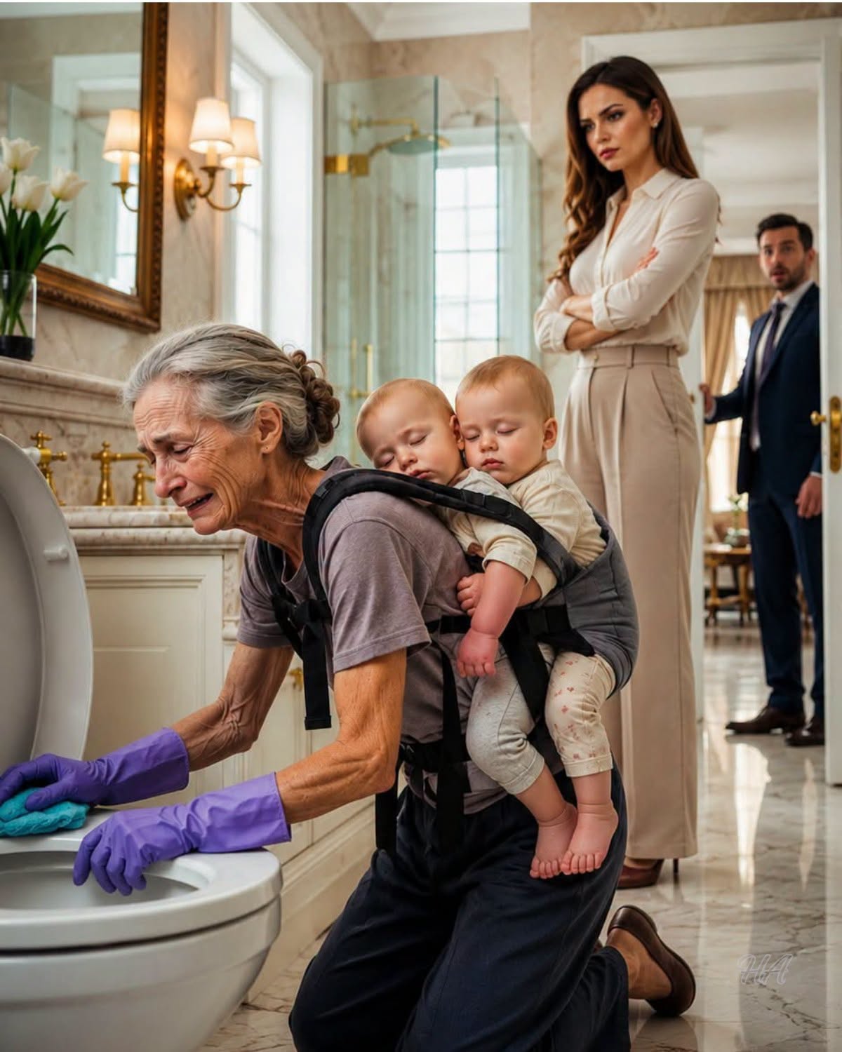THE MILLIONAIRE CAME HOME EARLY—AND FOUND HIS MOTHER ON HER KNEES WITH HIS TWINS STRAPPED TO HER BACK