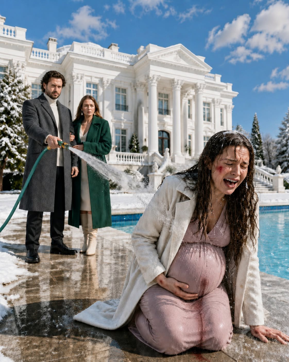 My husband locked me—seven months pregnant—outdoors and doused me with freezing cold water, finally forcing me to sign a document relinquishing my property rights. The moment I collapsed at his feet, a red warning signal suddenly flashed on my wrist and cameras swiveled in unison toward us, all while Diego remained completely unaware that, forty miles away, my father was watching everything unfold.