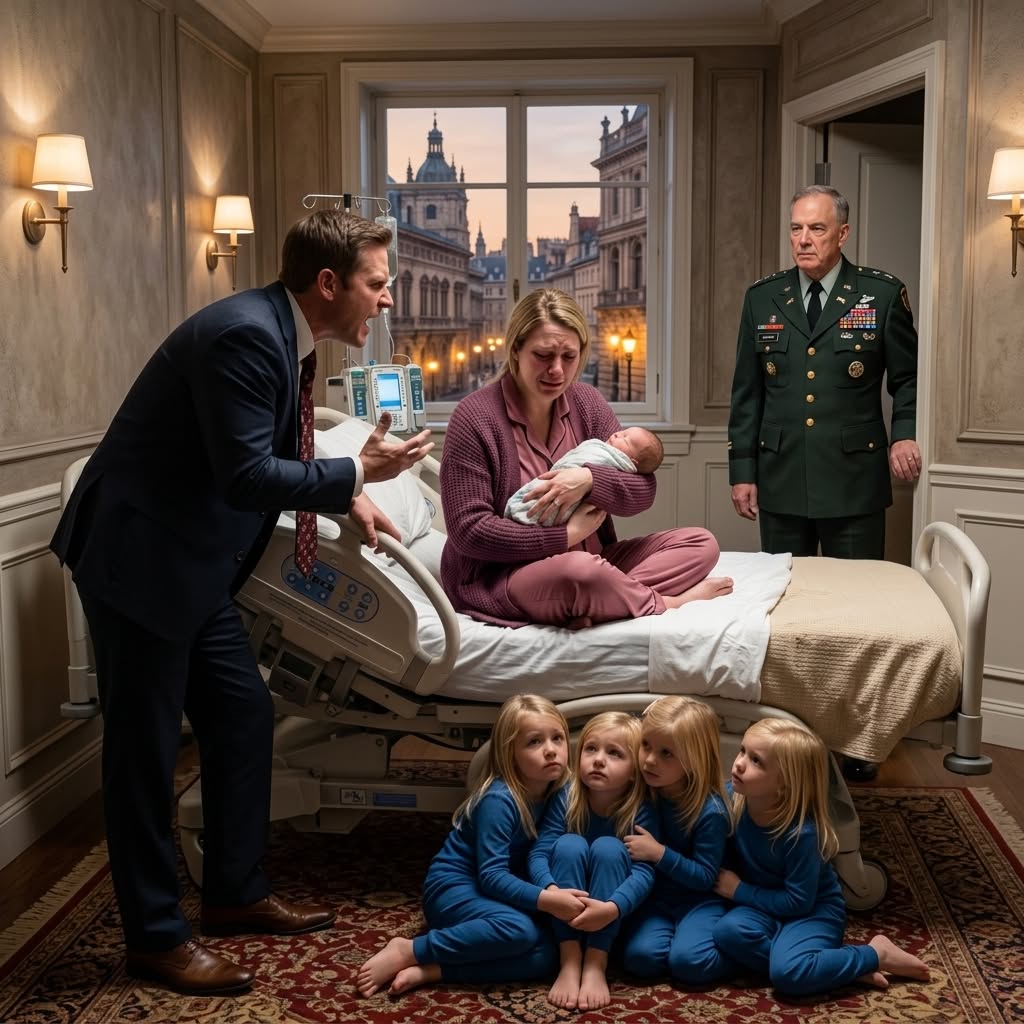 After four daughters, my husband finally got the son he had begged for, only to sl:ap me the moment he saw the baby’s blue eyes. “He’s not mine! You cheated!” he shouted. I pulled my newborn tightly against me and looked toward the doorway, where my three-star general father stood in complete silence. My husband sneered, “And who exactly are you supposed to be?” Dad calmly reached for an encrypted phone, while my husband had absolutely no idea what that call was about to unleash...