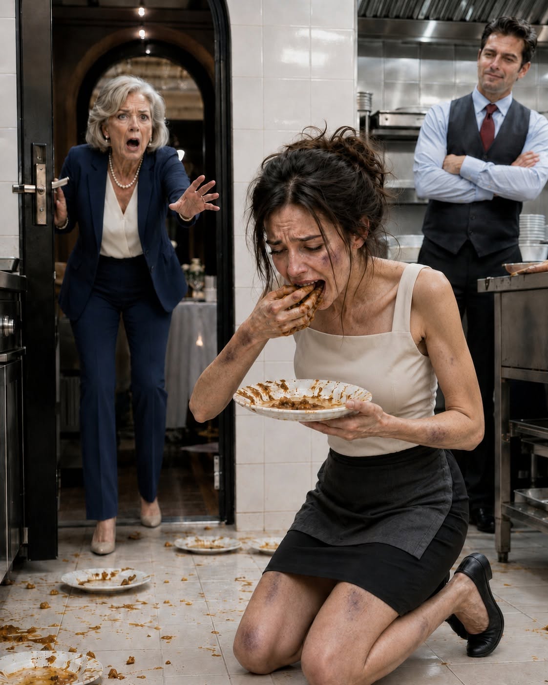 I found my daughter on her knees in a restaurant kitchen, eating food scraped from strangers’ dirty plates while her husband stood over her and said, “She deserves this.” I didn’t beg, scream, or fight him that night. I simply took her hand, walked her out, and uncovered a secret that could bring his entire world crashing down.