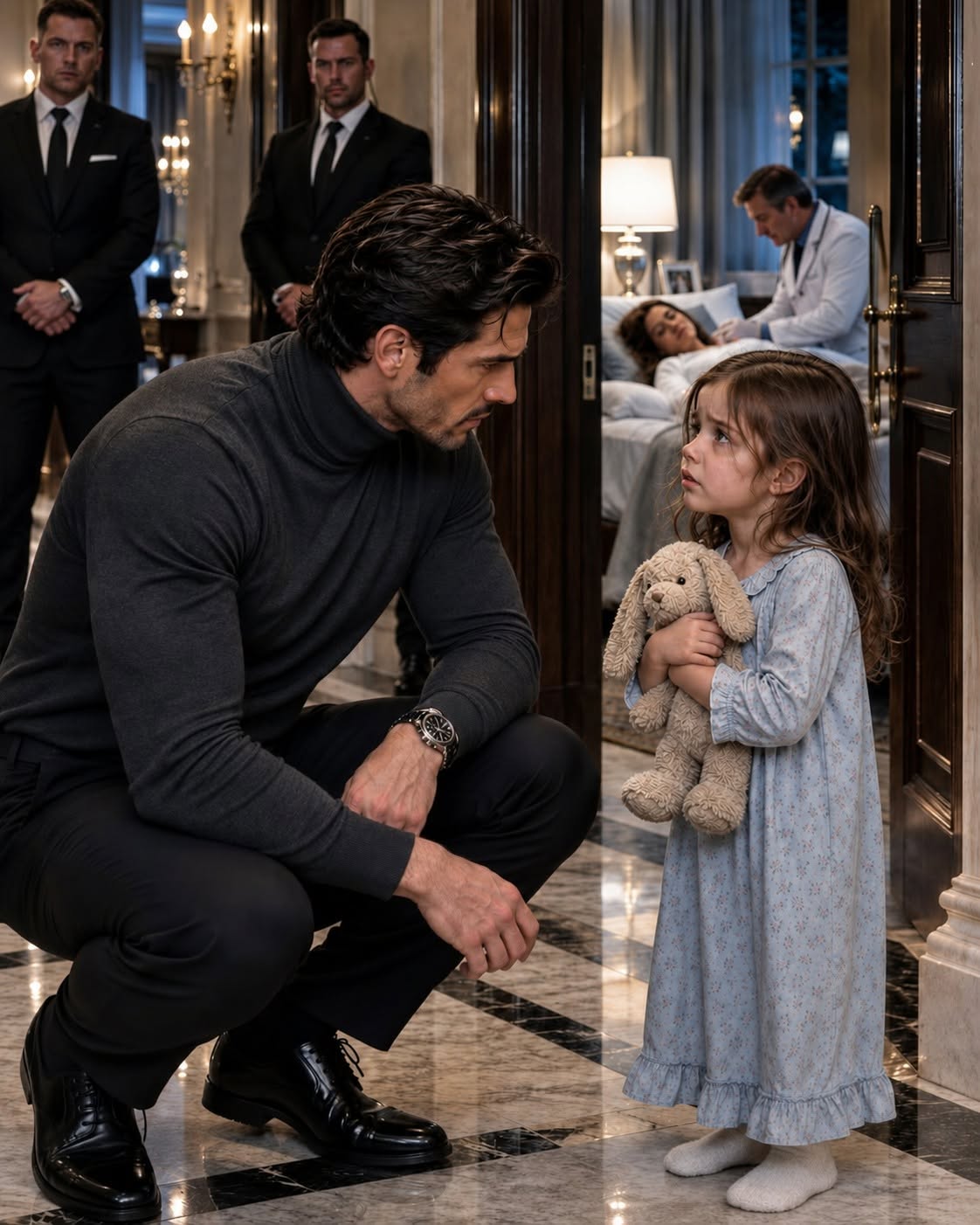 At 12:03 a.m., three tiny knocks struck my bedroom door inside an estate guarded like a fortress. In my world, midnight visitors usually meant betrayal, blood, or death, but when I opened that door, I found a barefoot three-year-old girl clutching a battered stuffed rabbit. Then she looked up at me and whispered, “Mr. Adrian, the bad man found us.”