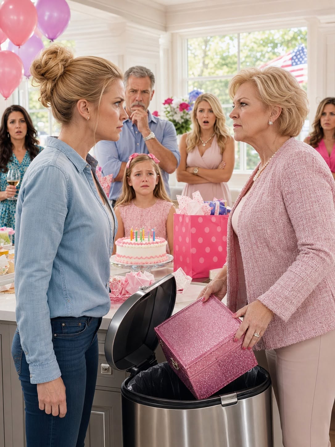 My mother looked directly at my nine-year-old daughter, dropped her glittery pink birthday gift into my kitchen trash, and said, almost casually,