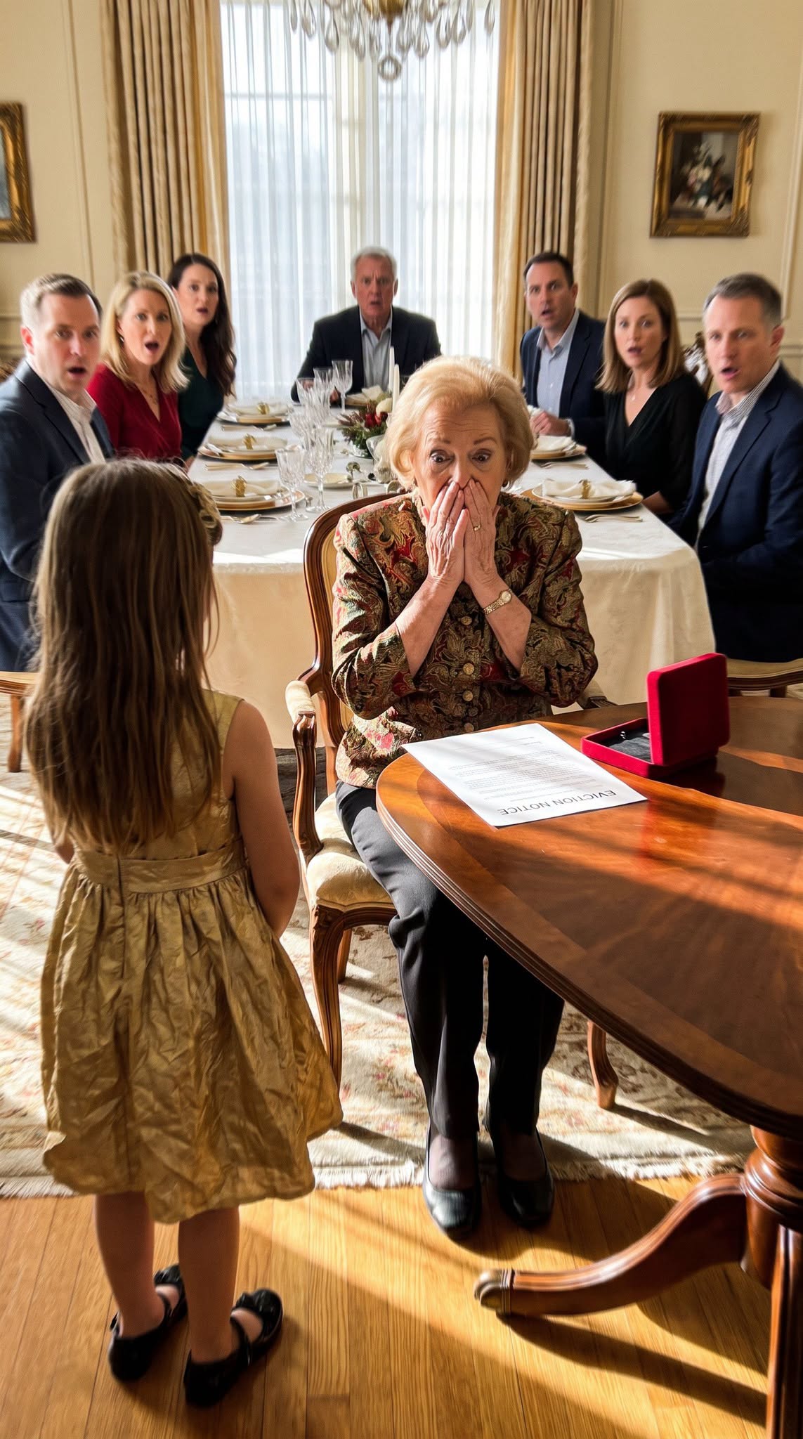 "I never told my mother-in-law that my daughter, the child she treated like a “stray dog,” had the power to remove her from our lives. On Christmas morning, she gave the other grandchildren cash and tablets, but when it was my daughter’s turn, she handed her a cheap candle with a tag that read, “To Brandon’s Girl.” The entire room went quiet. My seven-year-old stood up in her gold dress, calm and composed. “Grandma,” she said, “Dad told me to give this to you if you ever ignored me again.” She placed a small red box in front of her. “Open it,” he said. Gene lifted the lid and immediately screamed.