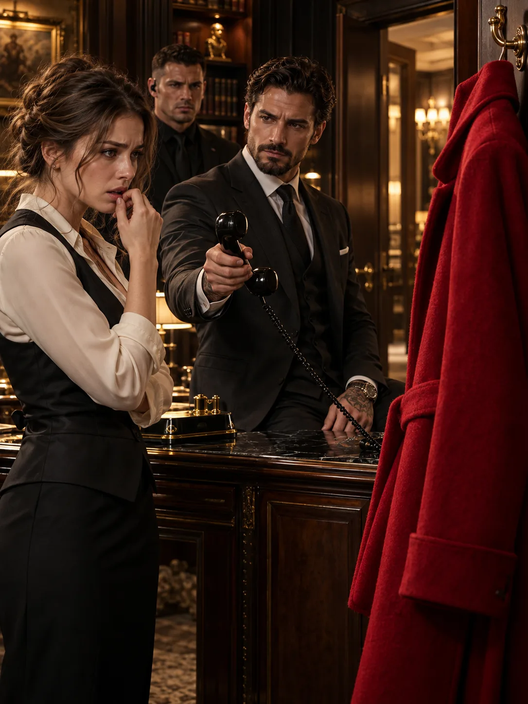 TITLE: Luca Offered Emma a Marriage Before Sunrise—Then the Red Coat Revealed Who Had Been Inside His House  Chapter 2: The Voice on Luca’s Telephone  Emma stared at the receiver in Luca’s hand.  “Belini?”  He nodded once.  The name should have belonged to Sebastian’s old life.  Family dinners.  Cold compliments.  Red dresses.  A woman who could turn an insult into etiquette.  It did not belong inside Luca Castellano’s study.  Emma took the phone.  “Hello?”  Belini did not greet her.  “Do not sign anything.”  Emma’s eyes moved toward the marriage agreement.  Luca noticed.  Of course he did.  “Why?”  “Because you have no idea why he chose you.”  Across the desk, Luca became very still.  Emma tightened her grip on the receiver.  “I met him tonight.”  “I know.”  That answer chilled her more than the coat.  “How?”  Silence.  Then Belini said, “Ask Luca who placed the advertisement.”  The line went dead.  Emma lowered the receiver slowly.  Luca held out his hand.  “What did she say?”  “She told me not to sign.”  His expression did not change.  “She knows about the agreement?”  “Yes.”  “That document has been out of my desk for less than ten minutes.”  The security man near the wall stopped breathing normally.  Luca looked at him.  “Marco.”  “I’m checking the room.”  “Now.”  Marco moved.  Emma stayed beside the desk.  “You heard the other part.”  Luca’s gray eyes returned to her.  “Ask me.”  “Who placed the advertisement?”  “My house manager.”  “Did you request someone with my background?”  “No.”  “Did you know I worked in securities?”  “Yes.”  Emma’s jaw tightened.  “You investigated me before offering marriage.”  “I investigated you before allowing you to sleep under the same roof as Leo.”  “That is not the same answer.”  “No.”  Luca did not defend himself.  That made her angrier.  And, inconveniently, more willing to listen.  “I knew your work history,” he said. “I knew your divorce was finalized today. I knew Sebastian Crane withheld money the agreement required him to pay.”  “You knew all of that in ten minutes?”  “My people knew it before you reached the front gate.”  Emma looked toward the unsigned contract.  “And the marriage?”  “That was because Leo ate dinner for you.”  “That is insane.”  “I did not say it was ordinary.”  Marco returned from the bookcase.  He held something between two fingers.  A black disk.  Smaller than a coin.  Luca looked at it.  “What is that?”  “Microphone.”  Emma’s anger disappeared.  Marco pointed toward a carved vent near the ceiling.  “Hidden behind the grille.”  Luca’s gaze moved to the red coat visible through the study doorway.  Eleven missing minutes.  A coat that did not belong.  A call from a woman who knew what had been said inside the room.  The pieces aligned.  Not enough to answer anything.  Enough to make the house feel different.  Emma looked at Luca.  “She was listening.”  “Probably.”  “Since when?”  Marco shook his head.  “I’ll know after I pull the device.”  Emma turned toward the marriage agreement.  Belini had heard every word.  Separate rooms.  Separate finances.  Independent counsel.  Leo.  Emma.  Wife.  She suddenly understood the urgency in Belini’s voice.  Not fear for Emma.  Fear of the contract.  “Why would she care if I married you?”  Luca did not answer immediately.  That was the first answer.  “You know something.”  “I know Belini Russo has spent the last eighteen months trying to get access to one thing.”  “What?”  “My sister’s estate.”  Emma frowned.  “Leo’s mother?”  “Yes.”  “And marriage changes that?”  “No.”  Luca’s eyes hardened.  “But you might.”  Emma looked at him.  “Why?”  Before Luca could answer, Marco returned to the doorway holding the red coat.  “Boss.”  He had found something inside the lining.  A small black flash drive.  Emma recognized the manufacturer.  She had seen hundreds like it at Crane Securities.  Then Marco turned it over.  One white inventory sticker remained on the back.  Emma’s stomach dropped.  She knew the numbering system.  Sebastian’s firm had used it for internal reconciliation archives.  Luca saw her face.  “What?”  Emma looked up.  “This didn’t come from Belini’s closet.”  She pointed at the drive.  “It came from my ex-husband’s office.”  Chapter 3: The File Sebastian Never Expected Her to Read  Luca did not plug the drive into his computer.  Emma noticed.  Good.  At least someone in the room respected unknown devices.  Marco brought a separate laptop from security.  No network connection.  No house files.  Nothing important to compromise.  Emma sat across from it.  Luca stood behind her.  “You know the numbering?”  “Yes.”  “How?”  “I helped create the reconciliation system Sebastian’s firm still uses.”  Marco looked at Luca.  Luca looked at Emma.  “You left that off the résumé.”  “I left many things off a résumé written in a diner at midnight.”  The drive opened.  Six folders.  Dates.  Account codes.  Transfer references.  Emma’s exhaustion disappeared.  This was a language she understood.  Not because the numbers were simple.  Because people always believed numbers could hide intent.  They could not.  Not forever.  She opened the first ledger.  Twenty-four transfers.  All below an internal review threshold.  All routed through different vendors.  All ending at the same clearing institution.  Emma leaned closer.  “That pattern is deliberate.”  Luca’s voice stayed quiet.  “Explain.”  “If you move one large amount, someone asks why. If you divide it into smaller amounts under the automatic review level, most systems treat them as ordinary.”  Marco frowned.  “Money laundering?”  “Maybe. Maybe theft. Maybe both. I need the source account.”  She opened another file.  Then stopped.  CASTELLANO FAMILY TRUST.  Luca’s expression changed.  “Who can authorize that account?”  “Me. My sister could before she died. The trustee.”  “Who is the trustee?”  Luca did not answer.  Marco did.  “Crane Fiduciary.”  Emma turned.  “Sebastian?”  “His firm bought the trustee company three years ago.”  The room became silent.  Emma kept reading.  Transfer after transfer.  Not enough to destroy the Castellano fortune.  Enough to become invisible inside it.  Then she saw the beneficiary code.  LC-17.  “Leo.”  Luca’s voice came from behind her.  “What?”  Emma pointed.  “If your nephew’s full legal name is Leonardo Castellano—”  “It is.”  “Then this subaccount is probably his.”  Luca placed both hands on the desk.  Very carefully.  “How much?”  Emma calculated.  Then recalculated.  “Just over eight million.”  Marco swore under his breath.  Luca did not.  That was worse.  Emma opened the approval logs.  Her heartbeat changed.  “Luca.”  He leaned closer.  “What?”  “There are two authorization signatures.”  His.  And another.  A. CASTELLANO.  “My sister.”  “When did she die?”  “Eighteen months ago.”  Emma looked at the dates.  The newest approval was six weeks old.  “No.”  Luca understood before she explained.  “My sister could not have signed that.”  “No.”  Marco stepped toward the door.  “Boss, I’ll get Sebastian Crane.”  “Not yet.”  Marco stopped.  Luca looked at Emma.  “Why would Belini carry evidence that implicates her brother?”  “That is exactly the question.”  Emma scrolled.  One folder remained.  PERSONAL.  Inside were photographs.  Belini entering Luca’s building.  Belini meeting Sebastian in a hotel lobby.  Belini speaking with a man Emma did not recognize.  Then one image made Luca take the laptop from her.  His sister.  Alessia Castellano.  Alive.  Standing beside Sebastian Crane.  The date in the corner was three days before her death.  Emma studied Luca.  “You knew they met?”  “No.”  His answer came too quickly to be anything except truth.  A second photograph showed Alessia leaving.  She was holding the same black flash drive now sitting beside Emma’s hand.  Luca stared at it.  “So the drive was hers.”  Emma nodded slowly.  “Or she copied it.”  “Why would Belini have it?”  Nobody answered.  Then footsteps ran down the corridor.  The housekeeper appeared.  Pale.  “Mr. Castellano.”  Luca turned.  “What happened?”  “Leo is gone.”  Everything inside Luca changed.  Not loudly.  Not dramatically.  He simply became dangerous.  “When?”  “I checked his room two minutes ago.”  “Security?”  “Every gate is locked.”  Marco was already moving.  Luca looked at Emma.  “Stay here.”  She stood.  “No.”  His gaze hardened.  “This is not a discussion.”  Emma pointed toward the photographs.  “Belini knew I was coming. Sebastian’s files are in your house. Now Leo disappears ten minutes after we open them.”  Luca stopped.  Emma met his eyes.  “If this is connected, I may notice something your people won’t.”  A long second passed.  Then Luca nodded.  “Five minutes.”  “For what?”  “To find my nephew.”  Chapter 4: The Boy Behind the Locked Door  They found Leo in the last place anyone searched.  His mother’s room.  The door had been locked since Alessia died.  Luca kept the key.  Marco kept a second.  Neither key had been used.  Yet light showed beneath the door.  Luca stood in the hallway.  “Leo?”  Nothing.  Then a small voice.  “Uncle Luca?”  Luca’s shoulders changed.  Barely.  Enough for Emma to see the man beneath the reputation.  “I’m here.”  “Is the red lady gone?”  Emma and Luca looked at each other.  Luca unlocked the door.  Leo sat beneath the window holding the same plastic superhero Emma had used at dinner.  Beside him was a wooden box.  Old.  Scratched.  Too heavy for a child to have carried far.  Luca crouched.  “How did you get in here?”  Leo pointed toward the wardrobe.  Emma looked.  A narrow service panel stood partly open behind the hanging clothes.  Old houses.  Old passages.  Old secrets.  Luca crossed the room and opened it wider.  The passage led toward the side corridor.  The same corridor where Belini’s coat had appeared.  Marco swore quietly.  Leo watched him.  Luca lowered his voice.  “Who is the red lady?”  The boy looked toward Emma instead.  That hurt Luca.  Emma sat on the carpet.  “The lady who came tonight?”  Leo shook his head.  “She came before.”  “When?”  “Lots.”  Luca went still.  “Before Mommy went away?”  Leo nodded.  Emma felt the room tighten.  “What did she do?”  Leo hugged the superhero.  “She talked to Mommy.”  “Did they fight?”  Another nod.  Luca looked toward the wooden box.  “What is that?”  Leo pulled it closer.  “Mommy’s.”  “Where did you find it?”  “She gave it to me.”  Luca stopped breathing for half a second.  Alessia had known she was going to die?  Or feared she might.  “When?”  “The night she went to the car.”  Luca sat down on the edge of the bed.  Emma saw the question he could not ask.  So she asked gently.  “Did your mommy tell you what to do with the box?”  Leo nodded.  “She said hide it.”  “Until when?”  The child looked toward the open service passage.  “Until the red lady came back.”  Silence.  Luca closed his eyes.  Only briefly.  When he opened them, he was Luca Castellano again.  “Did she tell you who should get it?”  Leo pointed.  Not at Luca.  At Emma.  Everyone froze.  Emma frowned.  “Me?”  Leo nodded.  “She said give it to the lady who notices mistakes.”  Emma’s skin went cold.  “That doesn’t make sense.”  Luca looked at her.  “Yes, it does.”  “No. I never met your sister.”  “But she met Sebastian.”  Emma stared at him.  The photograph.  Three days before Alessia died.  Sebastian had known Emma’s work.  Her reconciliation habits.  Her ability to find missing transfers.  Maybe Alessia had known too.  Leo pushed the box toward Emma.  “I waited.”  Emma touched the lid.  Locked.  A small silver keyhole.  No key.  Luca searched the room.  Nothing.  Then Emma remembered the red coat.  “The lining.”  Marco looked at her.  “The coat?”  “You found the drive. Was there anything else?”  Marco’s expression changed.  He reached into his pocket.  A small brass key.  “I thought it belonged to the coat.”  Emma took it.  It fit.  The lock clicked.  Inside lay three things.  A photograph.  A sealed envelope.  And a small digital recorder.  Luca picked up the photograph first.  Alessia stood beside Sebastian.  Belini was between them.  On the back was one handwritten sentence.  Luca read it aloud.  “If anything happens to me, start with the trust.”  Emma looked at the recorder.  “Do you want to hear it?”  Luca pressed play.  Alessia’s voice filled the room.  Calm.  Tired.  Very alive.  “Luca, if you’re hearing this, I was right to be afraid.”  Leo began to cry.  Luca stopped the recording instantly.  He lifted the boy into his arms.  For several seconds, the Mafia boss did nothing except hold his nephew.  Then Leo whispered into his shoulder.  “Mommy said the red lady didn’t do it alone.”  Luca looked at Emma.  The flash drive had given them theft.  The box had given them fear.  Now they needed one thing.  A name.  Chapter 5: Alessia’s Last Recording  Leo slept in Luca’s room.  Two guards outside.  One inside the adjoining sitting room.  Luca did not apologize for the excess.  Emma would have been surprised if he had.  At 2:14 a.m., they returned to the study.  The recorder sat between them.  Marco closed the door.  Emma opened it again.  Luca looked at her.  She lifted an eyebrow.  “You promised me an open door once tonight.”  “I remember.”  He left it open.  Then pressed play.  Alessia’s voice returned.  “I started reviewing Leo’s trust because the quarterly reports were wrong.”  Emma glanced at Luca.  He glanced back.  Same instinct.  Same problem.  Alessia continued.  “Not obviously wrong. Carefully wrong. Small enough that anyone looking at the total would miss it.”  Emma understood why Luca had looked at her when Leo repeated the phrase.  The lady who notices mistakes.  Alessia had known exactly what kind of mind Sebastian’s wife had.  “I asked Sebastian Crane for the raw reconciliation files,” the recording continued. “He delayed. Belini told me I was imagining things.”  A pause.  Paper moving.  Then:  “I found eight shell vendors linked through the same clearing bank. Someone is taking money from Leo’s trust.”  Luca’s jaw hardened.  “Sebastian?”  Alessia’s recorded voice could not answer him.  But it almost seemed to.  “Sebastian has access. Belini has information she should not have. I do not know whether they are working together.”  Emma leaned closer.  “There.”  Luca stopped the recording.  “What?”  “She didn’t know yet.”  “You think Belini may be telling the truth if she says Sebastian acted alone?”  “I think your sister was still separating suspicion from proof.”  Luca resumed playback.  “I made a copy. I told Sebastian I would bring it to Luca tomorrow.”  Another pause.  “He asked me not to.”  Luca’s eyes went cold.  “He said people around my brother would misunderstand. Then he asked where Leo was staying that night.”  Marco straightened.  The recording continued.  “That frightened me.”  Emma folded her hands.  Alessia’s voice lowered.  “I moved Leo to the east wing. I gave him the box as a game. If I am wrong, Luca will laugh at me later.”  Her voice broke for the first time.  “If I am right, Leo will still have his uncle.”  Luca looked away.  Emma pretended not to notice.  Then came the sentence that changed the room.  “Belini came to see me tonight.”  Marco glanced toward the red coat on the evidence table.  “She was crying. She said Sebastian had gone too far.”  Luca froze.  Emma did too.  Alessia continued.  “She says she helped him access the trust. She says she thought he was borrowing against family assets and would replace it. I do not believe all of that.”  A bitter laugh.  “But I believe she is afraid.”  Luca stopped the recording.  “Belini tried to warn her.”  “Maybe.”  “Then why break into my house?”  “To recover something.”  “The drive?”  “Or the recorder.”  Luca looked toward the hallway.  “So she may not have come to destroy evidence.”  Emma met his gaze.  “She may have come because she knew it still existed.”  Marco crossed his arms.  “Doesn’t make her innocent.”  “No,” Emma said. “It makes her useful.”  Luca almost smiled.  Not because anything was funny.  Because Emma had said exactly what he was thinking.  He pressed play again.  Alessia’s final recording was shorter.  “Sebastian asked me to meet him tomorrow at the Hudson garage.”  Emma’s stomach tightened.  Luca’s sister had died in a car accident.  “Belini told me not to go.”  A pause.  “I am going anyway.”  Luca closed his eyes.  “Of course you did.”  Alessia’s voice softened.  “If this becomes evidence, Luca, do not become our father. Do not answer betrayal with more damage. Protect Leo. Follow the money. The money will tell you who needed me silent.”  The recording ended.  Nobody spoke.  Then Marco’s phone vibrated.  He checked it.  “Boss.”  “What?”  “We traced the number that called the study.”  Luca looked up.  “Belini?”  “No.”  Marco turned the screen toward him.  “The call was routed through a Crane corporate line.”  Emma felt something settle into place.  Sebastian had not simply known where she was.  He had been controlling the conversation.  And if Belini was involved, she was no longer controlling it.  Luca stood.  “Find her.”  Marco nodded.  Emma rose too.  Luca stopped her with one look.  “You stay with Leo.”  “No.”  “Emma.”  “You want Belini to talk?”  “Yes.”  “Then she may talk to me before she talks to you.”  Luca studied her.  “Why?”  Emma thought about seven years of marriage.  Belini smiling across holiday tables.  Belini correcting Emma’s dress.  Belini defending Sebastian.  Belini calling tonight with fear in her voice.  “Because she has spent years believing I was beneath her.”  Emma picked up the recorder.  “People say careless things to people they don’t respect.”  Chapter 6: Belini Finally Told the Truth  Belini arrived at 3:07 a.m.  Not through the side entrance.  Through the front doors.  No red coat.  No diamonds.  No polished smile.  She wore a simple crimson dress beneath a black raincoat and looked as if she had not slept in days.  Marco searched her.  Luca watched.  Emma did not look away.  Belini’s eyes landed on the recorder.  Everything inside her face changed.  “You found it.”  Luca folded his arms.  “You knew it existed.”  “Yes.”  “Why didn’t you tell me?”  “Because I was afraid of what was on it.”  Emma studied her.  “Or afraid of what wasn’t.”  Belini looked at her.  “You still do that.”  “Do what?”  “Listen like you’re auditing people.”  “Someone should.”  Luca interrupted.  “Sebastian.”  Belini’s mouth tightened.  “What about him?”  “He used Leo’s trust.”  “Yes.”  The answer came instantly.  Luca’s expression hardened.  “How long have you known?”  “Eighteen months.”  Marco shifted.  Emma did not.  “Since Alessia died,” she said.  Belini looked at her.  “Before.”  Silence.  Luca’s voice dropped.  “Tell me everything.”  Belini sat without being invited.  “I introduced Sebastian to the trustee company. He said he had investors who needed temporary liquidity. He said the Castellano accounts would only secure the credit.”  “You signed access forms.”  “Yes.”  “You stole from my nephew.”  “I helped him reach the money.”  “That is the same thing.”  Belini flinched.  Good.  She should.  “I found the transfers later,” she said. “Real transfers. Not collateral. I confronted him.”  “And?”  “He told me to stop asking questions.”  Emma almost laughed.  “Sebastian hates questions.”  Belini ignored her.  “Alessia found the same pattern. She came to me because my name was on the introduction documents.”  “You warned her not to meet him.”  “Yes.”  “Why?”  Belini’s face finally broke.  “Because I knew my brother.”  Luca leaned forward.  “Did he kill her?”  “I don’t know.”  “Wrong answer.”  “It is the only honest one.”  Luca stared at her.  Belini’s hands shook.  “I know he met her. I know she left the garage angry. I know her car crashed forty minutes later. I know Sebastian called me before the police called you.”  That mattered.  Emma saw it.  So did Luca.  “What did he say?”  Belini swallowed.  “He said, ‘The problem is finished.’”  The room went still.  Luca looked as if violence had become a thought.  Then Alessia’s recorded voice seemed to return from memory.  Do not become our father.  Protect Leo.  Follow the money.  Luca sat back.  “What did you do?”  Belini looked ashamed.  “I said nothing.”  “Eighteen months.”  “Yes.”  “You came into my house tonight.”  “Yes.”  “Why?”  “To get the drive before Sebastian did.”  “Why was his archive label on it?”  “Because Alessia copied the files from his office.”  Emma leaned forward.  “And the microphone?”  Belini frowned.  “What microphone?”  Luca watched her carefully.  Emma did too.  The confusion looked real.  Maybe.  Marco placed the device on the table.  Belini’s face drained.  “That wasn’t mine.”  “Convenient.”  “I disabled the cameras. I used the service passage. I left the coat because Leo appeared and I panicked. But I did not plant that.”  Luca’s eyes narrowed.  “Who knew you were coming?”  Belini looked at Emma.  “My brother.”  Emma felt cold.  “Why tell him?”  “I didn’t.”  “Then how?”  Belini closed her eyes.  “He tracks my car.”  Marco was already moving.  Luca stopped him.  “Wait.”  Belini looked at Emma.  “Sebastian wanted you inside this house.”  Emma stared.  “No.”  “Yes.”  “Why?”  “Because he believed Luca would investigate anyone who came near Leo. He wanted Luca to discover your financial background.”  Emma’s mind raced.  The advertisement.  The job.  The timing.  The missing payment in the divorce agreement.  A mistake she had caught.  A reminder of what she could do.  Sebastian had not forgotten her skills.  He had staged them.  Luca’s expression became lethal.  “What did he expect her to find?”  Belini answered quietly.  “The theft.”  Emma understood first.  “He wanted me to blame you.”  Belini nodded.  “And once Luca trusted you…”  Her gaze dropped to the marriage agreement.  “…you would be close enough to move whatever evidence Sebastian needed moved.”  Emma stood.  “No.”  Belini’s eyes softened with something close to pity.  “You think tonight began when you answered a job listing.”  She shook her head.  “It began before your divorce papers were printed.”  Chapter 7: The Husband Who Planned Her Next Life  Emma did not cry.  That surprised her.  Sebastian had controlled money.  Friends.  Schedules.  Clothes.  Even silence.  But the thought that he had arranged the first night of her life without him felt different.  It felt like discovering the door had opened into another room he owned.  Luca watched her from across the study.  “Emma.”  “I’m fine.”  “No, you’re not.”  She looked at him.  “Do not become kind now. I may throw something.”  The corner of his mouth moved.  Belini stared.  “You two are impossible.”  Emma turned on her.  “You helped him.”  “Yes.”  “How much of my divorce did you know about?”  Belini hesitated.  Enough.  “Everything,” Emma said.  “Not everything.”  “You knew he withheld the payment.”  “Yes.”  “Why?”  “He needed you angry enough to leave immediately.”  Emma’s stomach turned.  “The diner.”  Belini frowned.  “What?”  “He knew I would need housing.”  “Yes.”  “The advertisement was waiting.”  “Yes.”  Luca became very still.  “You placed it?”  Belini shook her head.  “Sebastian did.”  Marco returned with a tablet.  “Boss. The posting account was created through a staffing broker. Payment originated from Crane Holdings.”  Luca looked at Belini.  “Why would my house manager accept it?”  “She didn’t know who paid to promote it. The listing itself was real.”  Emma laughed once.  Of course.  Sebastian did not invent the door.  He only made sure she saw it.  “Then he expected me to come here.”  “Yes.”  “And he expected Luca to investigate me.”  “Yes.”  “And he expected me to find the trust theft.”  “Yes.”  Emma crossed her arms.  “What was I supposed to do next?”  Belini looked toward Luca.  “Convince him I found it independently. Gain access. Earn trust.”  “I already had the skills.”  “That is why Sebastian chose you.”  The sentence landed badly.  Luca’s voice sharpened.  “Chose?”  Belini glanced at him.  “Not romantically.”  “That was not my concern.”  Emma almost smiled despite herself.  Then stopped.  “Where does the marriage agreement fit?”  “It doesn’t.”  Belini sounded genuinely unsettled.  “Sebastian never expected that.”  Luca looked toward the unsigned folder.  “Neither did I.”  That was probably true.  Which made it the first thing tonight nobody had planned.  Emma sat again.  “What evidence did Sebastian want moved?”  Belini answered.  “Alessia’s original authorization files.”  “Where are they?”  “I don’t know.”  Luca looked at the recorder.  “Leo’s box?”  “No. Those are copies.”  Emma frowned.  “How do you know?”  “Because Alessia told me the originals were somewhere Sebastian could never enter without being seen.”  Luca’s eyes shifted.  His legitimate office?  A bank?  A family vault?  Emma thought differently.  “She said ‘enter.’ Not access.”  Belini looked at her.  Emma stood.  “Where did Alessia go every day where Sebastian would look suspicious?”  Luca answered.  “The preschool.”  Everyone turned.  Leo’s school.  Alessia had taken him herself.  Even with drivers.  Even with guards.  “She volunteered in the library,” Luca said slowly.  Marco was already reaching for his phone.  Emma stopped him.  “Wait.”  Luca looked at her.  “If Sebastian planned this far ahead, he may be watching obvious places.”  “You have another idea?”  “Yes.”  Emma looked at Belini.  “Call him.”  Belini went pale.  “No.”  “Tell him Luca found nothing.”  “He won’t believe me.”  “Good.”  Emma leaned closer.  “Then tell him I found something.”  Luca’s gaze sharpened.  Belini understood.  “You want to see what he asks for.”  “I want to know what scares him.”  Marco shook his head.  “Too risky.”  Emma looked at Luca.  “This is not your decision.”  His eyebrows lifted.  Belini almost laughed.  Emma continued.  “It is my ex-husband. My life. My name. My choice.”  Luca said nothing for a long moment.  Then:  “Speakerphone.”  Belini dialed.  Sebastian answered on the first ring.  “Did you get it?”  Not hello.  Not are you safe.  Did you get it?  Belini looked at Emma.  “No.”  Silence.  Then Sebastian said, “Where is Emma?”  Emma stepped closer to the phone.  “Right here.”  Another silence.  Longer.  “Emma.”  Her name sounded exactly as it had across seven years of breakfast tables.  Possessive.  Certain.  She hated that she still recognized the tone.  “Sebastian.”  “What did you find?”  Emma looked at Luca.  Then at the recorder.  “A file Alessia left for Luca.”  Sebastian stopped breathing.  Only for a second.  But Emma heard it.  “What file?”  She smiled without warmth.  “The one you hoped I would destroy for you.”  The call ended.  Marco looked at the phone.  “That answers something.”  Emma shook her head.  “No.”  Luca understood.  “It tells us he’s afraid.”  Emma looked toward the dark windows.  “But not what he is afraid we’ll find.”  Chapter 8: The Library Card Alessia Hid in Plain Sight  At dawn, Luca did something Emma did not expect.  He made breakfast.  Badly.  Leo sat at the kitchen island watching his uncle burn toast with solemn fascination.  Emma stood beside the coffee machine.  “You own restaurants.”  “I own them.”  “That is not the same as being allowed in their kitchens.”  “No.”  Leo giggled.  The sound loosened something in the room.  Only briefly.  Then Marco entered.  He carried an old canvas tote bag.  “From Alessia’s things.”  Luca’s expression changed.  The bag came from Leo’s preschool library.  Inside were children’s books.  Crayons.  Receipts.  A cracked plastic folder.  And one library card with Alessia’s photograph.  Emma picked it up.  The back had been laminated twice.  Poorly.  She ran a fingernail along the edge.  “Why would anyone laminate this twice?”  Marco looked at her.  Luca almost smiled.  “The lady who notices mistakes.”  Emma peeled one corner carefully.  A thin paper strip sat between the layers.  Three numbers.  A date.  And the name of a bank.  Luca knew it.  “Private vault service.”  Marco checked.  “There’s a branch twelve blocks from the school.”  Emma looked at Luca.  “Sebastian would have looked for accounts.”  “Not a physical deposit box opened under a library volunteer identity.”  They went after the bank opened.  Luca did not bring half an army.  Only Marco.  Emma noticed the restraint.  She also noticed three additional vehicles that somehow remained nearby.  Luca noticed her noticing.  “You asked for restraint.”  “This is restraint?”  “For me.”  The box required Alessia’s card and a family death certificate.  Luca had both.  Inside was no money.  No jewelry.  No dramatic confession.  Just paper.  Original trustee approvals.  Original bank confirmations.  And one sealed envelope addressed to Luca.  He opened it.  Alessia’s handwriting.  If Sebastian says the transfers were mine, compare the timestamps to my medical records.  Emma’s pulse jumped.  “Medical records?”  Luca looked at Marco.  “Get them.”  They did not need long.  Three of the largest authorizations had supposedly been signed by Alessia while she was hospitalized after Leo’s birth.  One had been approved during surgery.  Another while she was under anesthesia.  Impossible.  Forgery.  Then Emma found something worse.  A transfer made two days after Alessia died.  Her signature.  Her authorization code.  Her money moved by a dead woman.  Luca stared at the page.  “Enough.”  Marco nodded.  “For theft.”  Luca looked at Emma.  “Not for murder.”  She understood.  Money proved motive.  Not the crash.  Emma opened the last envelope.  A valet receipt.  Hudson Garage.  The night Alessia died.  One handwritten license plate.  Belini’s.  Everyone looked at her.  Belini had said she warned Alessia not to go.  Yet her car had been at the meeting.  Luca called her.  No answer.  Again.  Nothing.  Marco checked her location.  “Phone is off.”  Luca’s expression hardened.  Then Emma noticed another line on the receipt.  A second vehicle.  Company fleet number.  Not a plate.  She recognized the prefix.  Crane Holdings.  “Sebastian was there too.”  Luca took the paper.  “Two cars.”  “Three people.”  “And one crash.”  Marco’s phone rang.  He answered.  Listened.  Then looked at Luca.  “Belini just used a credit card.”  “Where?”  “Penn Station.”  Emma’s stomach tightened.  “She’s leaving.”  Luca headed for the door.  Emma followed.  He turned.  “No.”  She kept walking.  “You said that last night.”  “And you ignored me.”  “It worked.”  “This time it may not.”  Emma stopped.  “So what do you want me to do?”  Luca looked at her.  Something had changed since midnight.  Not possession.  Not command.  Trust, perhaps.  Reluctant.  Unwanted.  Real.  “Stay with Leo.”  Emma wanted to argue.  Then she saw the boy watching from the kitchen doorway.  Five years old.  Mother gone.  Adults lying.  A house full of guards.  She nodded.  Luca left.  Twenty minutes later, Emma’s phone rang.  Unknown number.  She answered.  Belini whispered:  “Do not let Luca come to the station.”  Emma stood.  “Why?”  “Because Sebastian is already here.”  A crash sounded through the phone.  Then Belini said the sentence Emma had been waiting eight years to hear.  “He knows I’m going to testify.”  The line went dead.  Chapter 9: What Belini Saw the Night Alessia Died  Luca reached Penn Station before Sebastian did anything foolish.  That was how Marco described it later.  Emma suspected the real version had been less calm.  Belini returned to the mansion under guard.  Sebastian did not.  He vanished before Luca’s men reached the platform.  This time, nobody believed coincidence.  Belini sat in the study wearing borrowed clothes.  Blue sweater.  Black trousers.  No red.  Emma almost did not recognize her.  Luca placed the Hudson Garage receipt on the desk.  “You were there.”  Belini looked at it.  “Yes.”  “You lied.”  “Yes.”  “Why?”  “Because I was ashamed.”  Luca’s expression hardened.  “That is not enough.”  Belini looked toward Emma.  Then began.  “Alessia called me after she found the theft. She said she was meeting Sebastian. I told her not to.”  “We know.”  “I went anyway.”  Luca’s eyes sharpened.  “Why?”  “To stop them.”  “From what?”  Belini’s voice broke.  “From destroying each other.”  She folded her hands.  “Sebastian admitted the transfers. He said he would replace everything. Alessia told him she was going to Luca.”  Luca said nothing.  Belini continued.  “My brother panicked. He threatened her.”  “With what?”  “Leo.”  The room went cold.  “He said a custody fight could be manufactured. He said powerful families always had enemies. He said accidents happened around people who refused to cooperate.”  Luca’s jaw tightened.  “What did Alessia do?”  “She slapped him.”  Emma almost smiled.  Belini did.  For one second.  Then the memory returned.  “She left. I stayed with Sebastian.”  “Why?”  “I told him if anything happened to her, I would go to Luca.”  Luca leaned forward.  “And?”  “He laughed.”  Belini’s eyes filled.  “He said I was already guilty.”  Emma understood.  The trust forms.  The introductions.  The silence.  Belini had built her own cage.  “What happened next?”  “Sebastian made a phone call.”  “To whom?”  “I didn’t hear the name.”  “What did he say?”  Belini closed her eyes.  “‘She’s leaving now.’”  Silence.  Luca stood.  Slowly.  “Then?”  “I followed Alessia.”  Luca froze.  “You were behind her car.”  “Yes.”  “What did you see?”  Belini looked at him.  “A black SUV stayed behind her for six blocks.”  Marco leaned closer.  “Plate?”  “I never saw it.”  “Then?”  “It pulled beside her near the river road.”  Emma held her breath.  Belini’s voice dropped.  “I don’t know what happened between the vehicles. I only know Alessia lost control.”  No graphic detail.  No dramatic reconstruction.  Just a woman.  A road.  A crash.  And eighteen months of silence.  “I stopped,” Belini whispered. “I called emergency services.”  Luca stared.  “You were there when she died.”  “I was there when they took her away.”  “And you never told me.”  Belini cried then.  Quietly.  “I was a coward.”  Luca looked toward the window.  Emma could see the war inside him.  Anger.  Grief.  The instinct to punish.  The memory of Alessia’s voice.  Do not become our father.  Emma said nothing.  He had to choose himself.  Finally, Luca turned to Marco.  “Give everything to federal investigators.”  Belini looked up.  “Everything?”  “The trust records. The recorder. The bank originals. Your statement.”  She nodded.  “And me?”  “You testify.”  “What happens to me?”  “That is not my decision.”  For the first time, Luca surrendered control willingly.  That mattered.  Then Marco’s phone buzzed.  He looked at the message.  “Sebastian used one of his company cards.”  Emma stood.  “Where?”  Marco looked at her.  “At the Crane Securities office.”  Belini laughed through tears.  “He went back.”  “For what?” Luca asked.  Emma already knew.  “Records.”  Luca looked at her.  “Can he destroy them?”  “Some.”  “All?”  Emma shook her head.  “Not if the reconciliation system is still built the way I designed it.”  “What does that mean?”  “It means Sebastian always hated redundancy.”  She picked up her coat.  “And I built it anyway.”  Luca blocked the door.  “Emma.”  “No.”  “You are not going into that building.”  “I don’t need to.”  She held out her hand.  “Give me a laptop.”  Twenty minutes later, Emma signed into an old recovery portal she had created years before.  Her credentials no longer worked.  She expected that.  The archived audit index did.  A read-only mirror.  Timestamped.  Untouchable by ordinary administrators.  Sebastian had never understood why she insisted on it.  Now Luca watched the screen populate with seven years of records.  Emma found the night Alessia died.  One internal message.  One fleet dispatch request.  Authorized by Sebastian Crane.  Destination:  Hudson Garage.  Then a second line.  BLACK SUV — PRIORITY.  Luca stared at it.  “Is that enough?”  Emma looked at Belini.  Then at Marco.  Then at the evidence of theft, threats, tracking, and the vehicle request.  “Enough to stop guessing.”  Chapter 10: The Choice That Wasn’t in the Contract  Sebastian Crane was arrested three days later.  Not by Luca.  That mattered.  Federal investigators took the trust records, the forged authorizations, the archived dispatch logs, Belini’s testimony, and Alessia’s recording.  The black SUV was found through old fleet maintenance records.  The driver had been paid through a shell company linked to Sebastian.  He had never known the full reason.  Only that he had been told to pressure Alessia into stopping and returning to the garage.  What happened on the road became the final piece.  Sebastian had not planned a public execution.  He had planned fear.  Control.  A warning.  Alessia died because his warning became something he could no longer undo.  The difference mattered legally.  It did not matter to Luca.  But Luca kept his promise to his sister.  He did not become their father.  He did not order revenge.  He testified.  He opened the Castellano records investigators requested.  He recovered Leo’s stolen trust.  He removed Crane Fiduciary.  And for the first time since inheriting the family, Luca let the law finish something his name could have finished faster.  Belini pleaded guilty to financial crimes and obstruction.  Her cooperation reduced the punishment.  It did not erase it.  Before leaving for court, she asked to see Emma.  They met in the mansion library.  Belini wore gray.  No red.  “I was cruel to you,” she said.  Emma closed the book in her lap.  “Yes.”  “I told myself it was because Sebastian was my brother.”  “No.”  Belini looked at her.  “You did it because it was easy.”  The answer hurt.  That was why it was useful.  Belini nodded.  “I’m sorry.”  Emma believed she meant it.  She also knew forgiveness was not a debt she owed.  “Become someone who would not do it again.”  Belini’s eyes filled.  “That is all?”  “That is not small.”  Belini left.  Leo started school again the following Monday.  For the first week, Emma walked him to the car.  For the second, Luca did.  By the third, Leo insisted they both come because, according to him, “families are supposed to embarrass you together.”  Emma laughed.  Luca did not.  Then he looked at Leo.  Then at Emma.  Then he laughed too.  The marriage agreement remained in Luca’s desk.  Unsigned.  One night, six weeks after Sebastian’s arrest, Luca placed it on the kitchen counter between them.  Emma raised an eyebrow.  “You kept it?”  “I keep records.”  “That is a terrible romantic instinct.”  “I am not being romantic.”  “Good.”  “I am asking what you want done with it.”  Emma looked at the folder.  Separate rooms.  Separate finances.  Independent counsel.  A marriage designed like a contract because Luca trusted contracts more than people.  She had understood that about him almost immediately.  Now she understood something else.  He was learning.  Slowly.  Painfully.  Honestly.  Emma picked up the agreement.  Then tore it in half.  Luca stared.  She tore it again.  Leo, eating cereal at the island, looked delighted.  “Are you in trouble?”  Emma smiled.  “Probably.”  Luca looked at the pieces.  “So that is your answer.”  “To that proposal.”  He leaned against the counter.  “And if I ask again?”  “No lawyers.”  “Fine.”  “No conditions.”  “Fine.”  “No investigating me before breakfast.”  “That may be difficult.”  She gave him a look.  “Fine,” he said again.  Emma’s smile faded into something softer.  “And no asking because Leo needs someone permanent.”  Luca became serious.  “I know.”  “Then why would you ask?”  He stepped closer.  Not enough to trap her.  Enough to make the choice clear.  “Because I want you here when nobody needs saving.”  Emma looked at him for a long moment.  That was different.  No emergency.  No missing child.  No stolen trust.  No red coat.  No plan designed by Sebastian.  Just a question.  And her answer belonged entirely to her.  “Ask me again tomorrow.”  Luca frowned.  “Why tomorrow?”  Emma reached for her coffee.  “Because you offered marriage ten minutes after meeting me.”  Leo nodded wisely.  “That was weird.”  Emma laughed.  Luca looked betrayed.  Then Leo added:  “But she’s still here.”  Luca’s eyes returned to Emma.  Yes.  She was.  Not because Sebastian had arranged an advertisement.  Not because Luca had offered protection.  Not because Leo needed a family.  Because she had chosen to stay long enough to see what came after survival.  The next morning, Luca asked again.  This time there was no contract.  Emma said yes.  And for the first time in years, the future in front of her had not been designed by someone else.  It was hers.  If you enjoyed Luca, Emma, Leo, and the mystery of the red coat, keep reading for more dramatic stories filled with hidden family secrets, dangerous loyalties, unexpected love, and truths that refuse to stay buried.