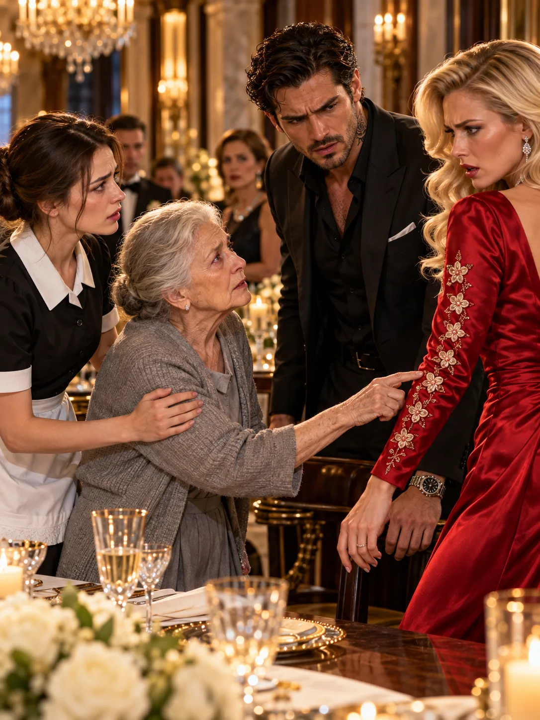 [COMPLETED] “GET YOUR HANDS OFF MY DRESS! YOU’RE NOTHING BUT AN OLD SEAMSTRESS, AND I WON’T HAVE YOUR MAID HELPING YOU EMBARRASS ME!” THE MAFIA BOSS’S FIANCÉE HUMILIATED HIS 25-YEAR-OLD HOUSEKEEPER FOR PROTECTING A 76-YEAR-OLD WOMAN AT THE ENGAGEMENT DINNER—BUT WHEN THE WOMAN TOUCHED THE RED SILK AND WHISPERED, “I SEWED THAT FOR SOMEONE ELSE,” LUCA MORETTI SLOWLY STOOD UP.