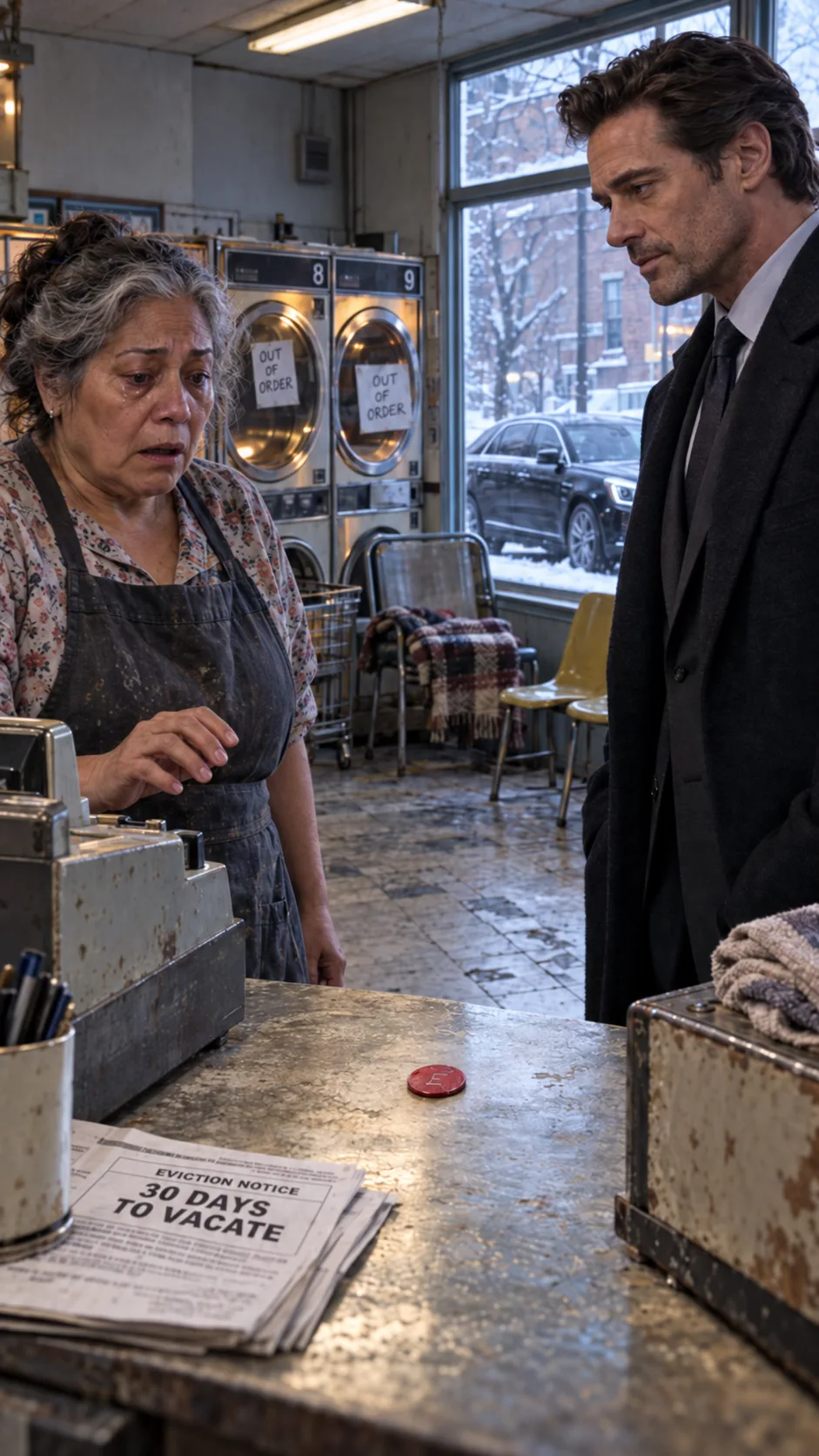 SHE LET A HOMELESS BOY SLEEP BEHIND HER LAUNDROMAT DRYERS EVERY WINTER NIGHT—THIRTY-ONE YEARS LATER, A BLACK LUXURY CAR STOPPED OUTSIDE HER FAILING SHOP, AND THE BILLIONAIRE WHO STEPPED OUT PLACED ONE RED LAUNDRY TOKEN ON HER COUNTER.  The car looked ridiculous on that street.
