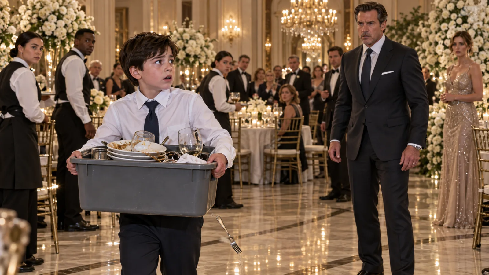 THE BILLIONAIRE FOUND HIS SON CLEARING DIRTY PLATES AT HIS OWN ENGAGEMENT PARTY