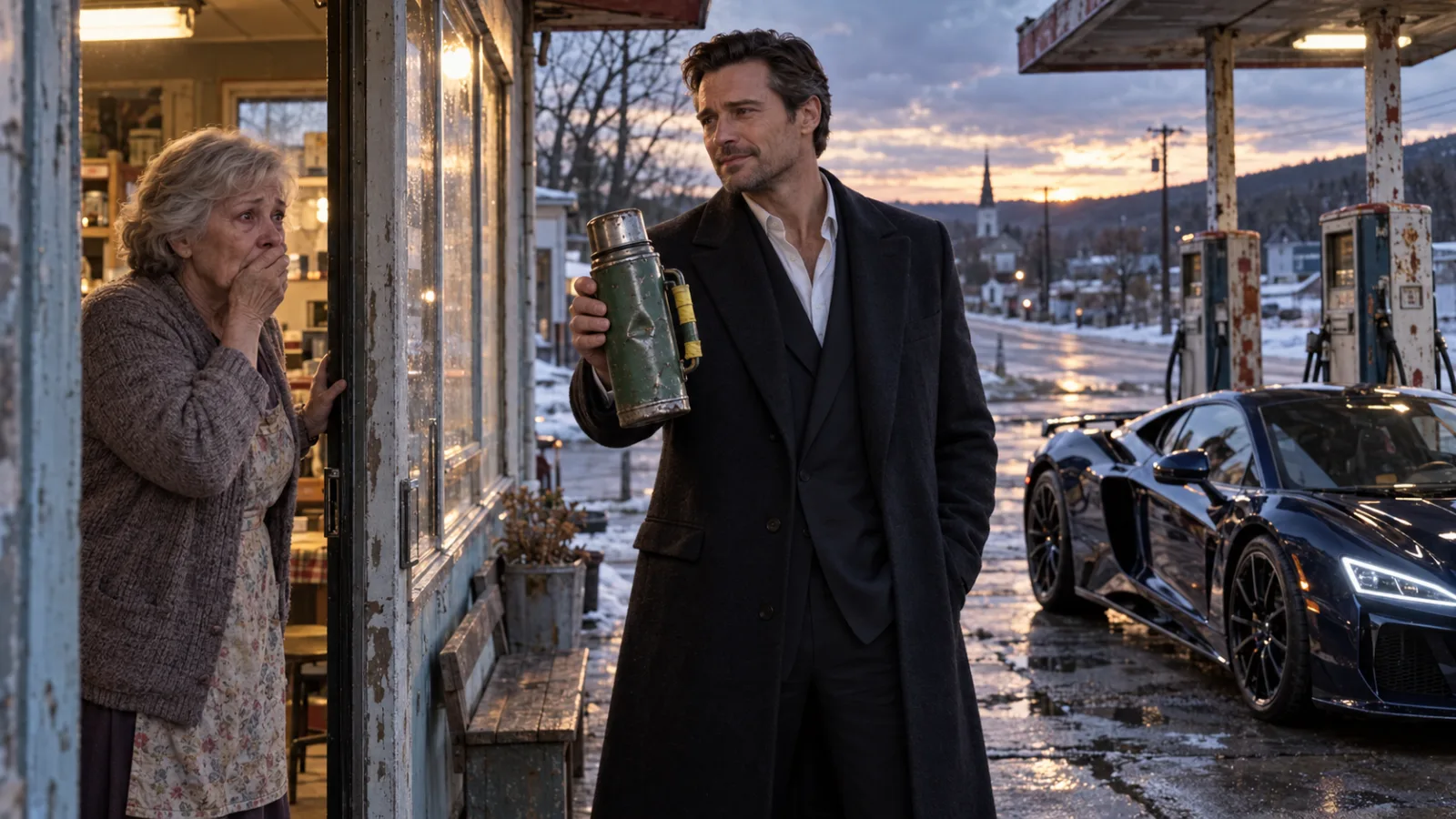 SHE GAVE A HOMELESS BOY HOT COCOA AND BUS MONEY EVERY MORNING EVEN THOUGH SHE WAS BEHIND ON HER OWN ELECTRIC BILL—THIRTY-TWO YEARS LATER, A $400,000 SUPERCAR PULLED INTO HER DYING GAS STATION, AND THE BILLIONAIRE WHO STEPPED OUT CARRIED THE SAME DENTED GREEN THERMOS.