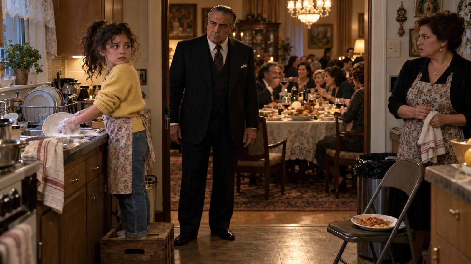 THE MAFIA BOSS WALKED INTO HIS FAMILY’S SUNDAY DINNER AND FOUND A NINE-YEAR-OLD GIRL STANDING ON A MILK CRATE