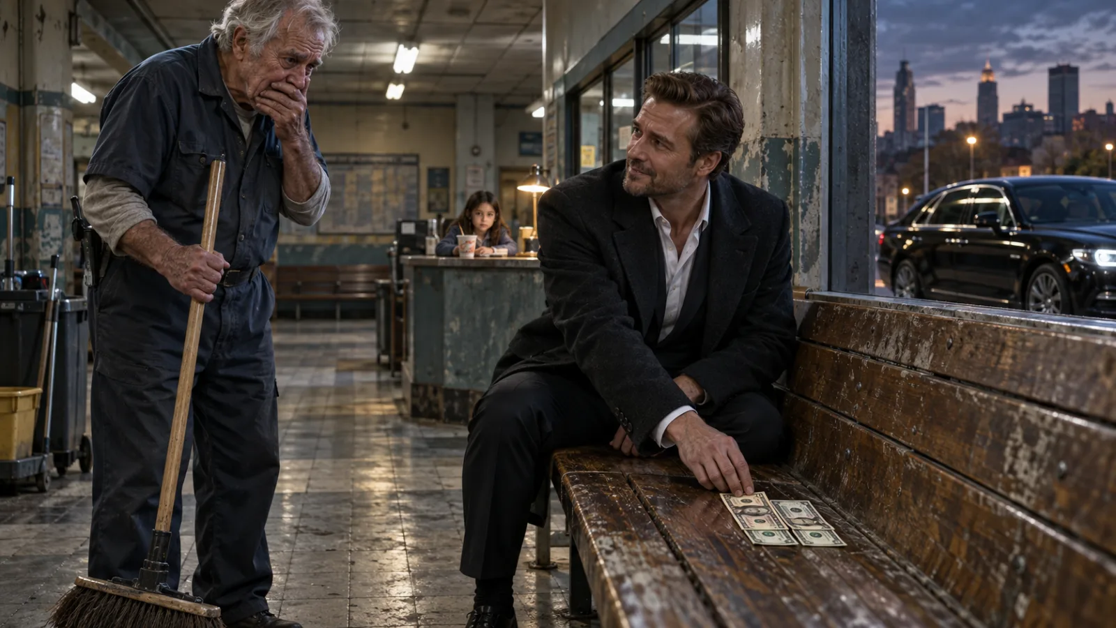 HE SPENT THE LAST $18 IN HIS POCKET BUYING A HOMELESS BOY A BUS TICKET—THIRTY-THREE YEARS LATER, A BLACK MAYBACH STOPPED BESIDE THE SAME OLD TERMINAL, AND THE BILLIONAIRE WHO STEPPED OUT ASKED THE JANITOR, “DO YOU STILL CHECK THE LAST BENCH BEFORE YOU LOCK UP?”