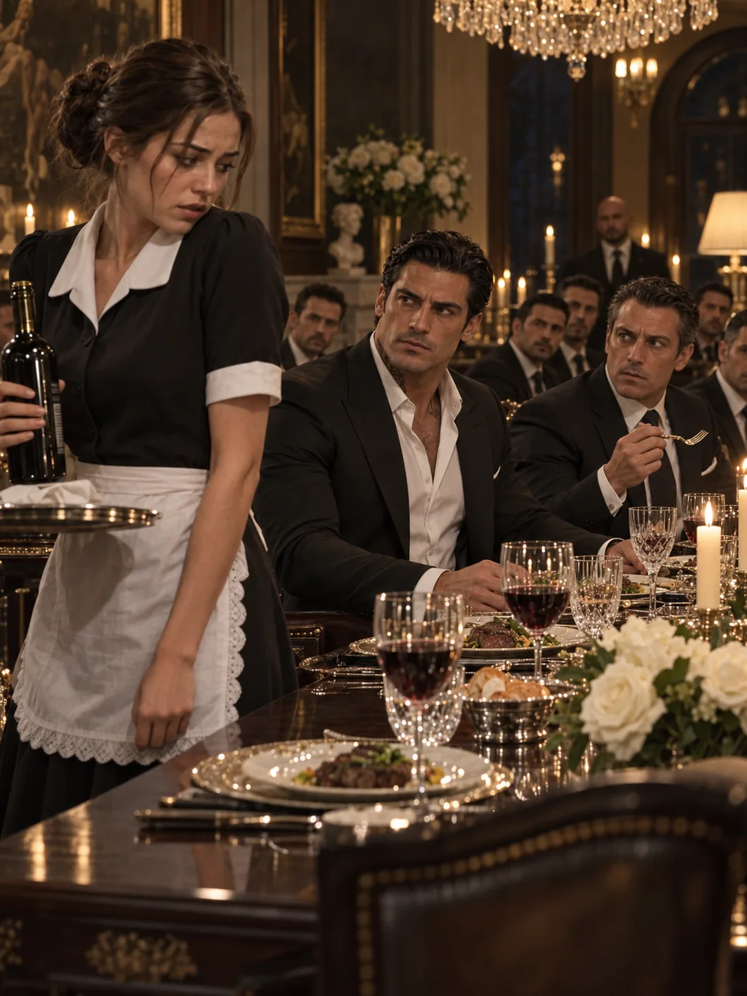 THE MAFIA BOSS NOTICED I WAS SERVING DINNER WITHOUT EVER TURNING MY LEFT SIDE TOWARD THE TABLE—AND THE MAN BESIDE HIM STOPPED EATING.  At first, I thought nobody had noticed.