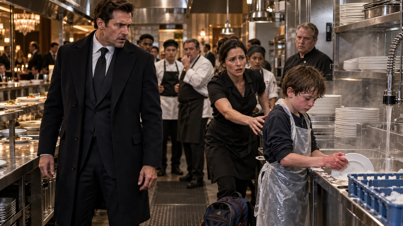 “WHY IS THAT CHILD WASHING DISHES?”  Billionaire Michael Sterling asked the question loud enough to stop the entire kitchen.  A nine-year-old boy stood at the industrial sink.