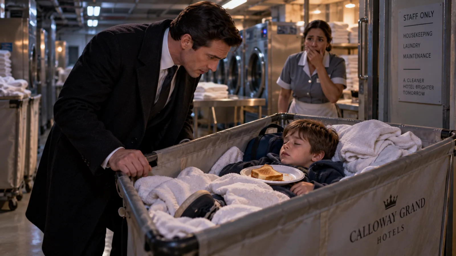 At 2:17 a.m., billionaire hotel owner James Calloway found a seven-year-old boy asleep inside a laundry cart beneath a pile of warm towels.  One small sneaker stuck out from under the white sheets.  A school backpack was wedged beneath his head.