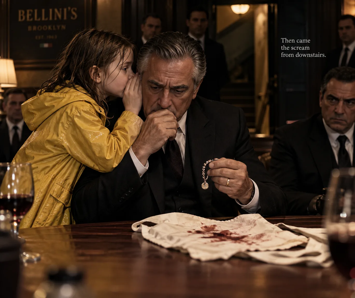 AT 8:17 P.M., A LITTLE GIRL WALKED INTO THE MAFIA BOSS’S PRIVATE DINING ROOM AND PUT A BLOODSTAINED APRON ON HIS TABLE.  Nobody touched her.