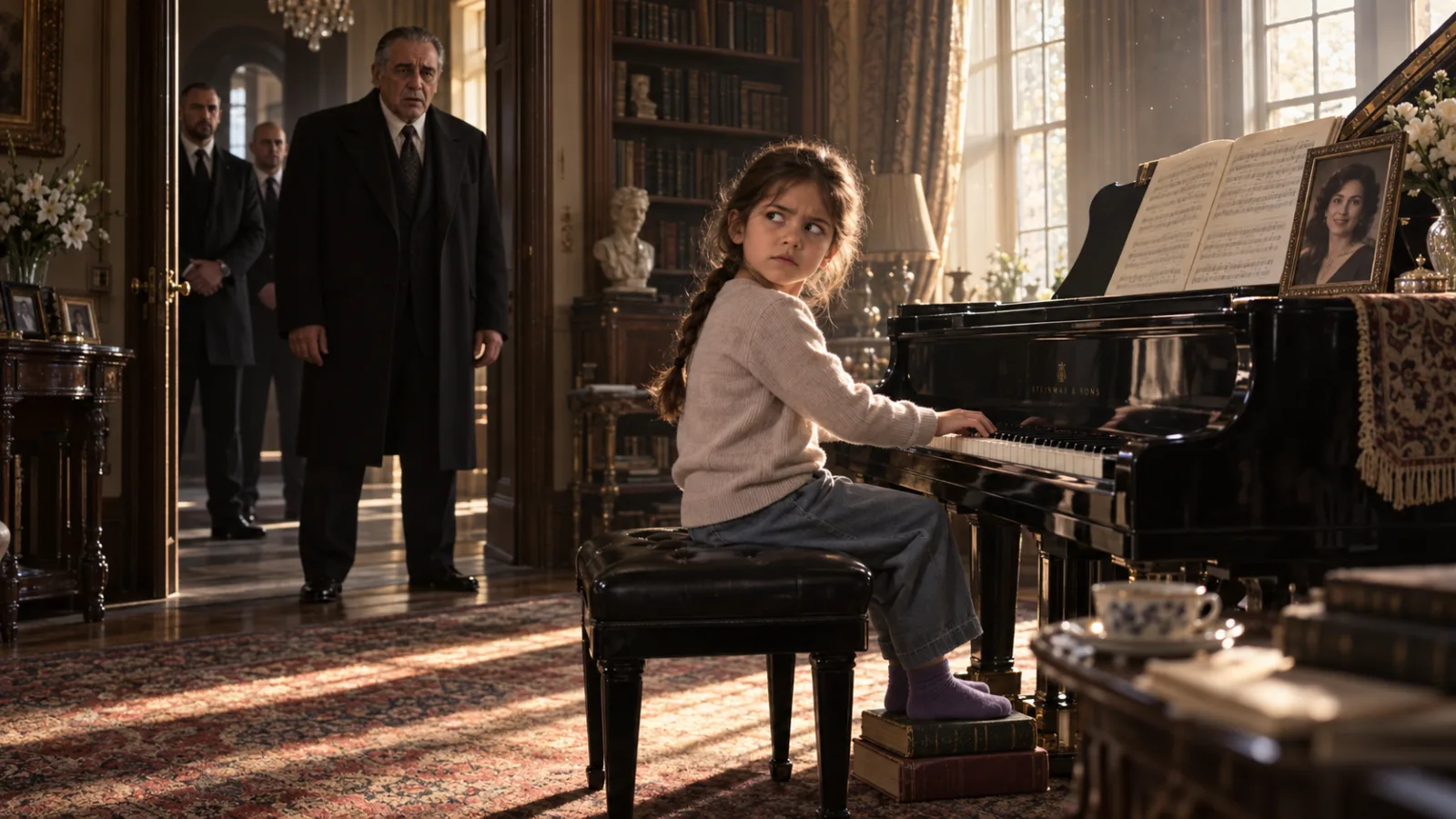 THE FIRST TIME MAFIA BOSS VINCENT CALDERONE HEARD HIS DEAD WIFE’S PIANO IN EIGHT YEARS, TWO ARMED MEN REACHED FOR THEIR GUNS—AND A SEVEN-YEAR-OLD GIRL TOLD HIM HE WAS RUINING THE SONG.  Vincent stopped in the doorway.