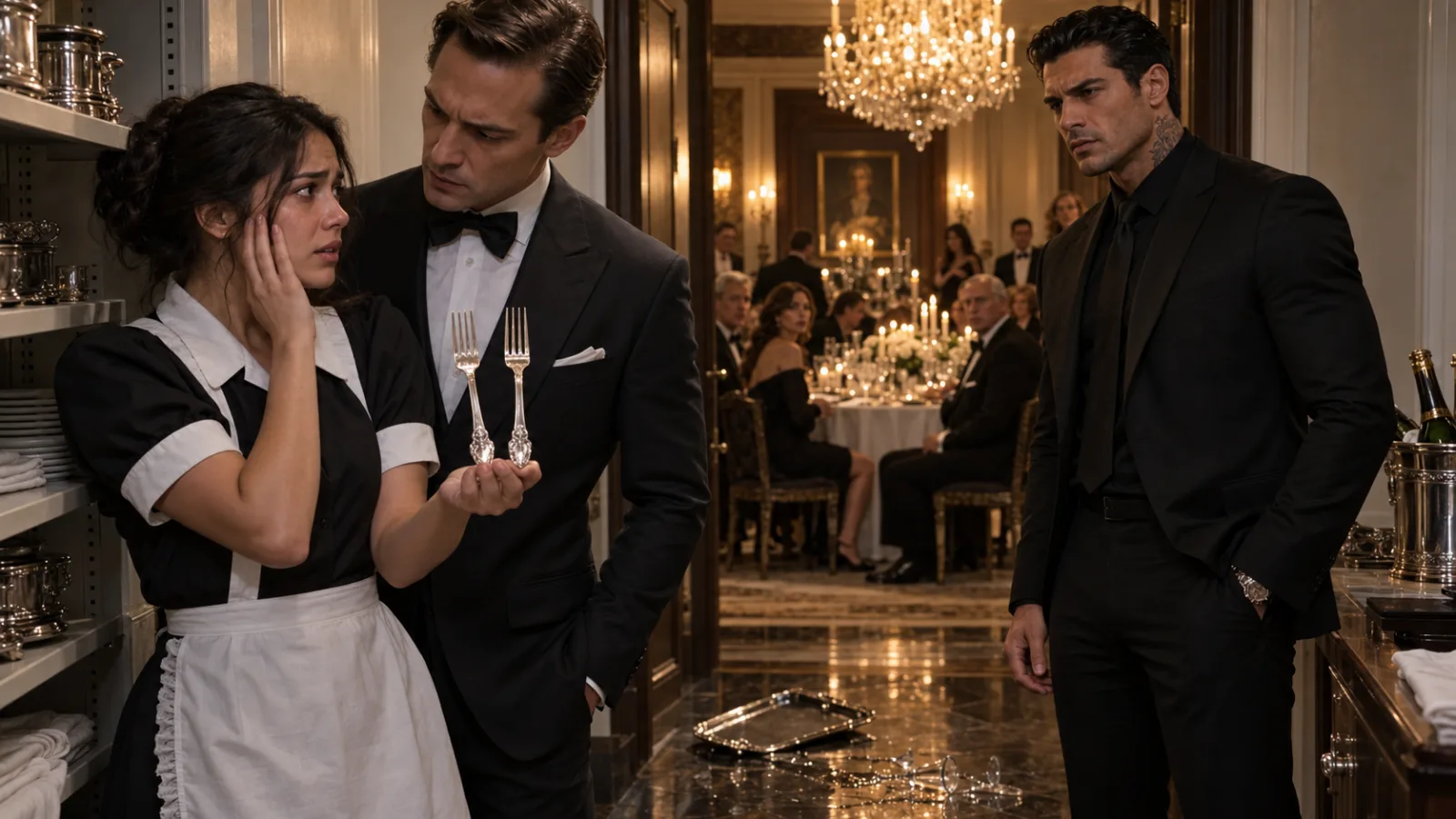 EVERYONE THOUGHT THE YOUNG MAID WAS STEALING FROM THE MAFIA BOSS—UNTIL HIS FIANCÉ SLAPPED HER FOR SWITCHING ONE FORK AND THE BOSS REALIZED SHE HAD BEEN WATCHING SOMETHING NO ONE ELSE NOTICED.  The tray hit the service-hall floor at 8:23 p.m.