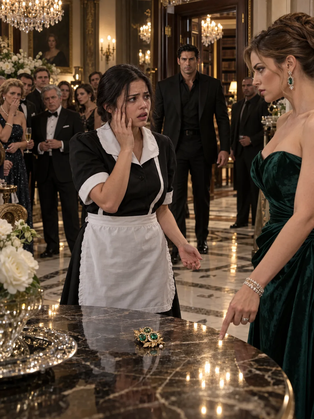 THE MAFIA BOSS’S FIANCÉE MADE ME EMPTY MY APRON IN FRONT OF FORTY GUESTS—THEN SHE FOUND HIS DEAD MOTHER’S EMERALD BROOCH IN MY POCKET AND SLAPPED ME BEFORE I COULD EXPLAIN WHY I TOOK IT.  My name is Julia Reyes.
