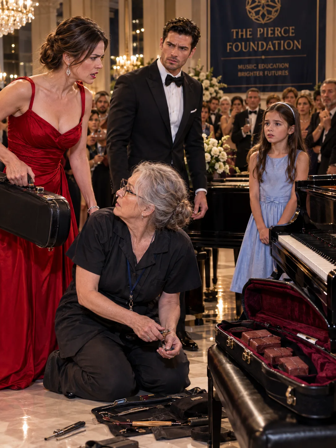 TAKE YOUR FILTHY TOOLS OFF MY MOTHER’S PIANO!” THE BILLIONAIRE’S SISTER THREW A 64-YEAR-OLD TUNER’S CASE ACROSS THE BALLROOM—