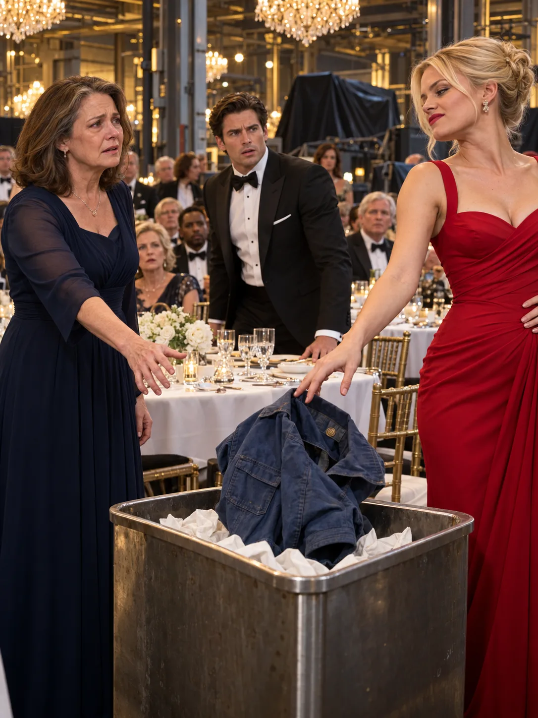 THROW THAT FILTHY JACKET AWAY. YOUR HUSBAND WAS A MECHANIC, NOT A FOUNDER.” THE BILLIONAIRE’S FIANCÉE SNATCHED THE BLUE WORK JACKET FROM A 56-YEAR-OLD WIDOW AND DROPPED IT INTO A SERVICE BIN IN FRONT OF TWO HUNDRED GUESTS—