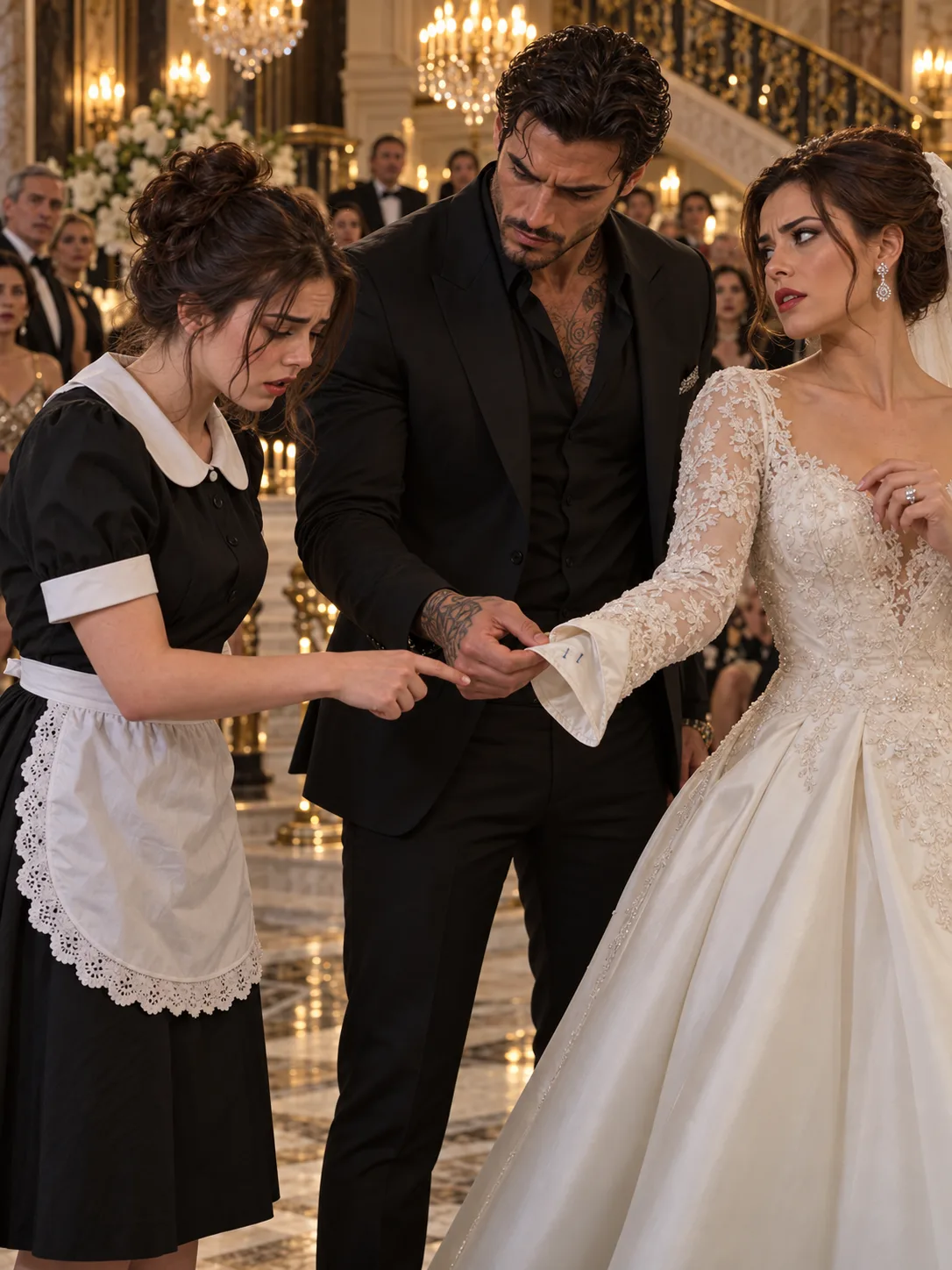 YOU'RE A HOUSEMAID, NOT A WEDDING GUEST. KEEP YOUR MOUTH SHUT!” THE MAFIA BOSS'S FIANCÉE HUMILIATED ME IN FRONT OF FORTY GUESTS—BUT WHEN LUCA MORETTI NOTICED THE TWO BLUE STITCHES INSIDE HER WEDDING GOWN, HE ASKED, “WHY DOES SHE KNOW SOMETHING ABOUT THIS DRESS THAT I DON'T?”**