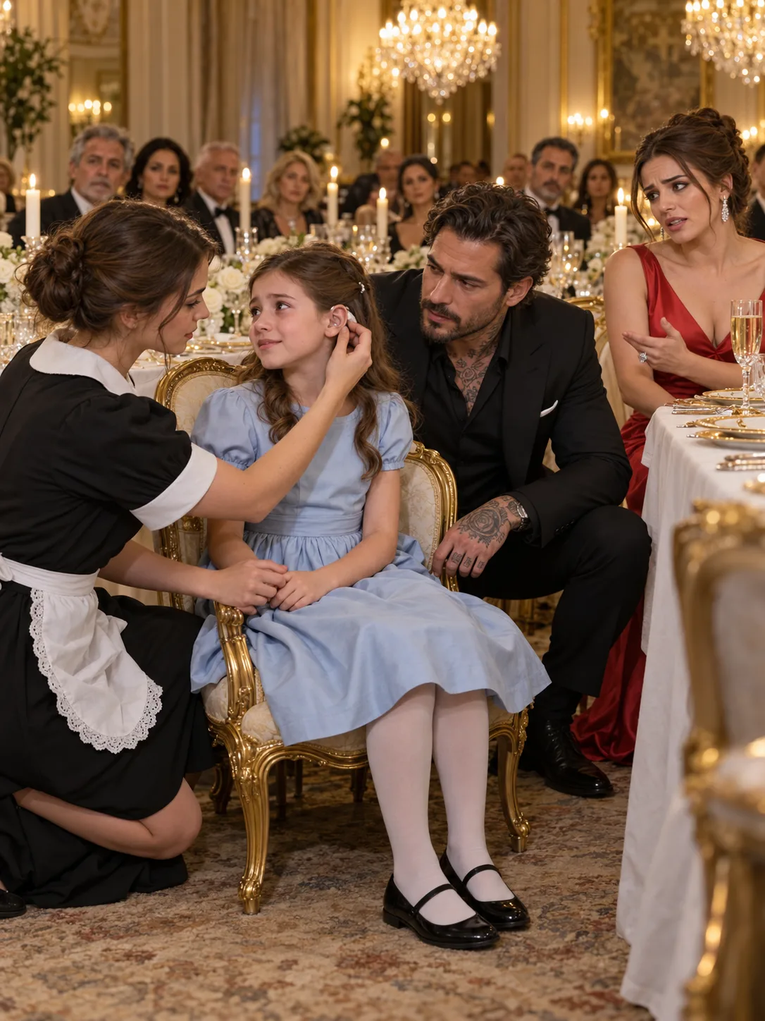 THE MAFIA BOSS WATCHED ME KNEEL BESIDE HIS ELEVEN-YEAR-OLD NIECE AT HIS ENGAGEMENT DINNER, TRYING TO PUT HER HEARING AID BACK IN