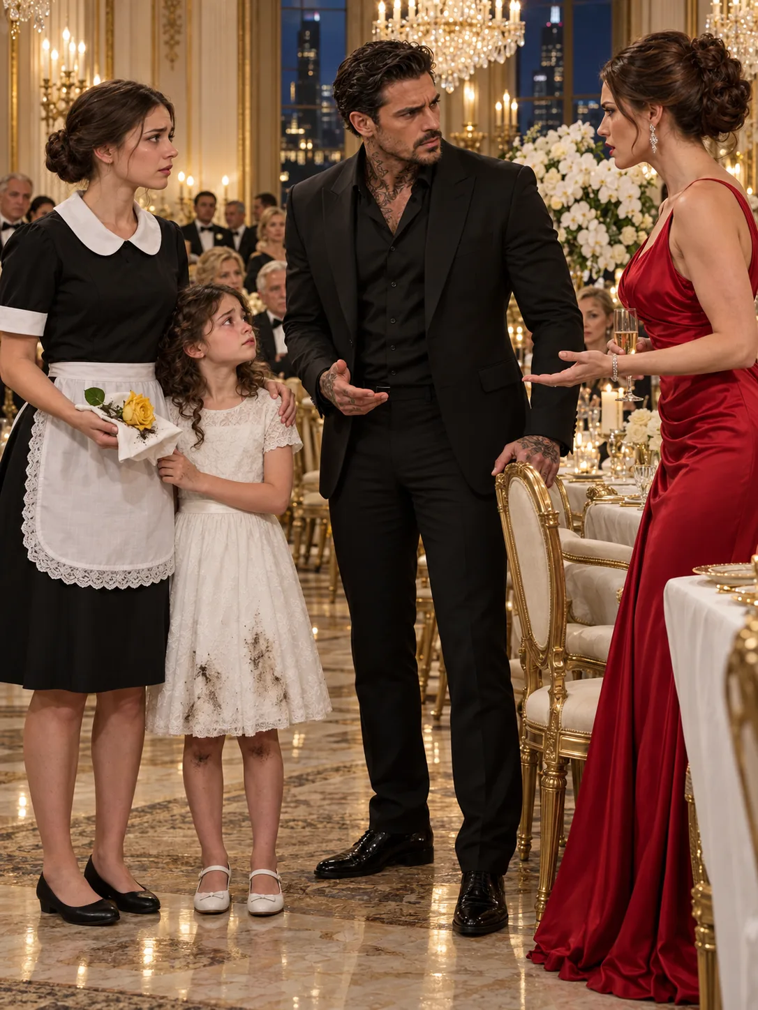 THE MAFIA BOSS WATCHED ME PULL A CRUSHED YELLOW ROSE FROM HIS TEN-YEAR-OLD DAUGHTER'S TREMBLING HAND DURING HIS ENGAGEMENT DINNER—THEN HIS FIANCÉE SAID, “SHE DESTROYED MY FLOWERS BECAUSE SHE'S JEALOUS,” BEFORE HE EVEN ASKED WHY THE LITTLE GIRL WAS COVERED IN DIRT, HER WHITE PARTY DRESS WAS RUINED