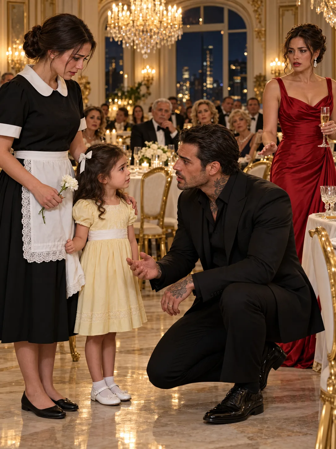 TAKE THAT LITTLE GIRL AND GET OUT OF MY HOUSE! I WON'T HAVE A SERVANT'S CHILD BEGGING AT MY ENGAGEMENT DINNER!” THE MAFIA BOSS'S FIANCÉE SCREAMED, SNATCHING A SMALL WHITE FLOWER FROM MY FIVE-YEAR-OLD DAUGHTER'S HAND. BUT WHEN THE 34-YEAR-OLD MAFIA BOSS WALKED IN AND HEARD MY DAUGHTER SAY