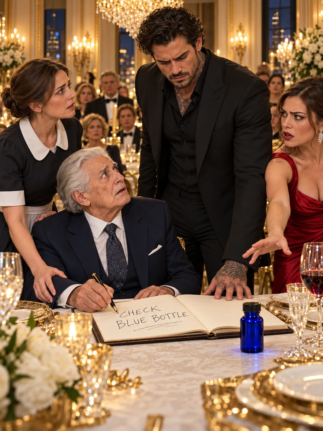 “PUT THAT PEN DOWN! HE DOESN’T EVEN REMEMBER HIS OWN SON!” THE MAFIA BOSS’S FIANCÉE HUMILIATED HIS 48-YEAR-OLD NURSE FOR HELPING HIS ELDERLY FATHER SIGN THE FAMILY GUESTBOOK—BUT WHEN THE OLD MAN SCRATCHED THREE WORDS ACROSS THE PAGE, DOMINIC ROMANO STOPPED THE MUSIC. “CELESTE… WHAT IS IN THE BLUE BOTTLE?”