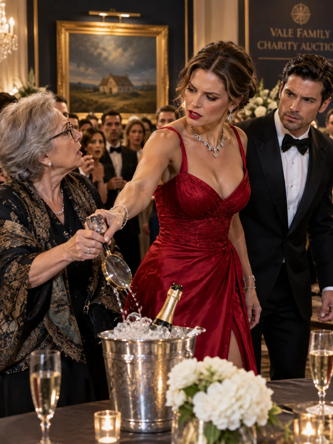 GET THIS CONFUSED OLD WOMAN OUT OF HERE!”  Sloane Mercer, wearing a red designer gown, snatched the magnifying glass from the elderly woman’s hand and dropped it into a champagne bucket