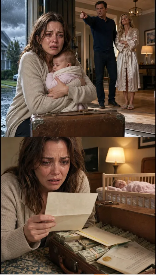 My husband pointed at the door. "Get out. I'm done wasting my life on you." Then he led his mistress inside. My MIL threw an old suitcase at my feet. "Take your worthless bag and go!" I picked up my 8-month-old daughter and walked away. When I opened the suitcase, I found $812,000—and a letter that changed everything.