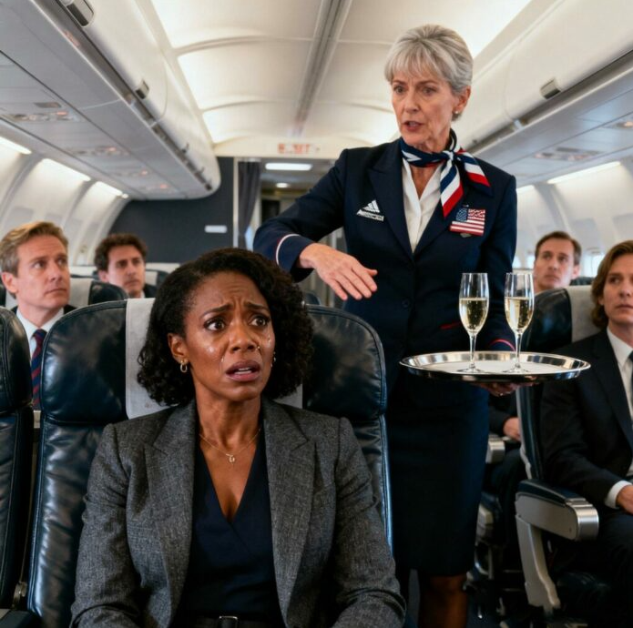 A racist flight attendant refused to serve champagne to a Black woman sitting in first class — thirty minutes later, she’d wish she had never spoken those words.